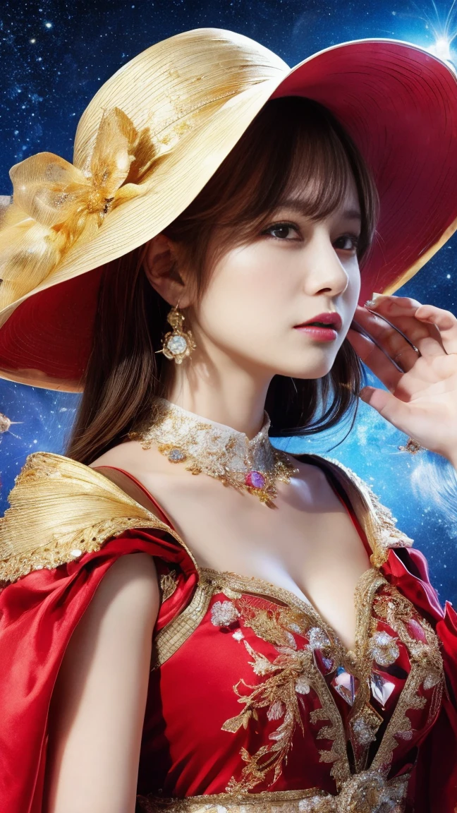 witch woman，conservative attire，with a huge hat，Red crane，Wearing a Red, gold and white princess dress，Upper body close-up，Close-up photos，jewelry，Visions of heaven and earth，Magic crystal ball，The background is the Milky Way，solar system,長い髪, キラキラエフェクト, ゴッドレイ, 