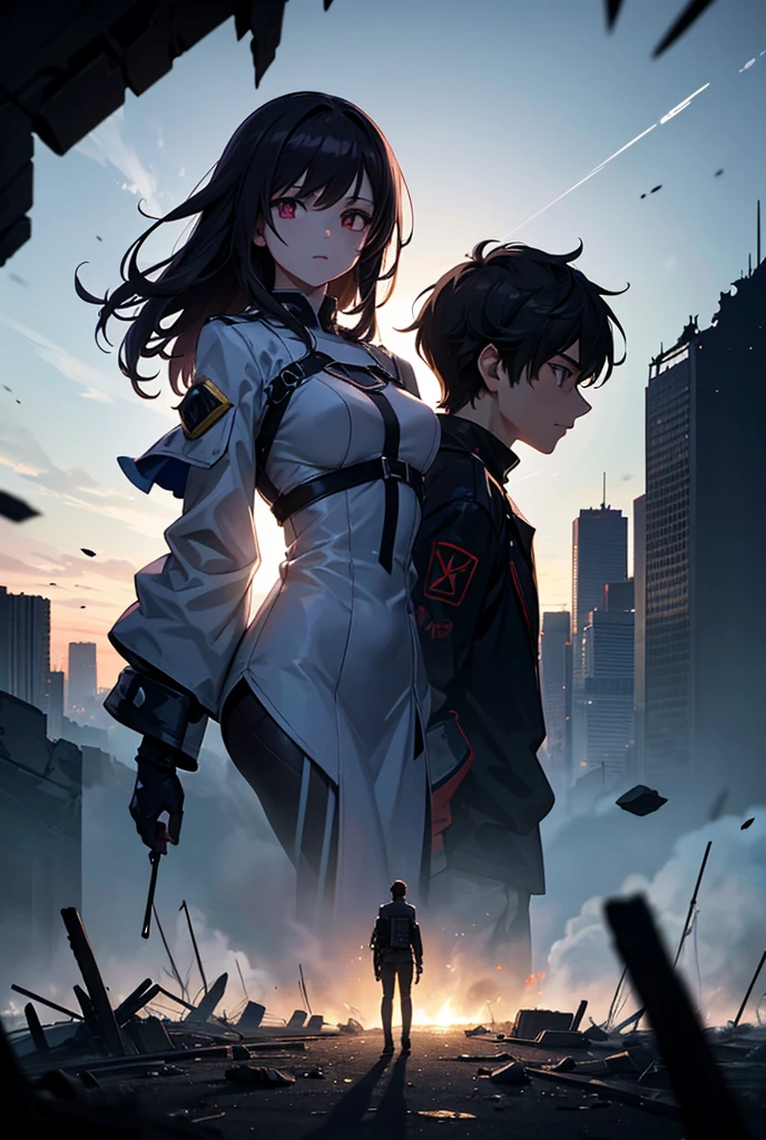 **"An anime-style post-apocalyptic scene with dramatic lighting and shadows. The crimson and dark blue sky looms over a ruined futuristic cityscape, its jagged remains casting long shadows. In the foreground, two protagonists stand amidst debris, back-to-back: a young man with spiky hair, surrounded by glowing metallic shards that orbit around him in dynamic motion, their metallic sheen reflecting ambient light; and a young woman with flowing dark hair holding radiant green vines glowing softly, her expression fierce yet compassionate. Behind them, the colossal 'Evolution Core' crystal hovers, emitting a pulsing, radiant light that casts stark contrasts between bright highlights and deep shadows across the scene.
The lighting is high contrast, with the protagonists illuminated from the glow of the crystal, while the ruins around them are engulfed in dramatic shadows, adding depth and tension. The anime art style features sharp lines, expressive facial details, and vibrant colors, captu