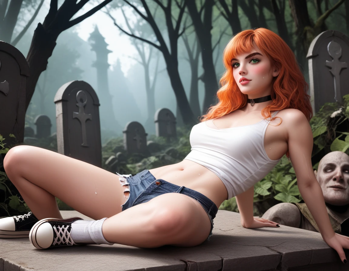 Bottom view angle, close ip. Dark souls game unreal engine. Petite girl, pale skin girl, short, skinny, wavy hair, light-orange hair, long-length hair, soft skin. cute face. Tender face. Wet skin. Blush, thoughtful face, green eyes. Thick eyebrows. One eyebrow up. One leg on another. Black nails on hands. Seductive. Cheeks. Pale skin. Pink tone skin. Black choker neck. Sporty thights. Skinny legs. 18 years old. Young cutie, detailed lips. Detailed face. Petite face. White tank top. Clear top. Denim shorts, slightly torn shorts. Sweat legs. Detailed legs. One leg up. White socks. Thin socks. Long toe socks. White socks with red line on top. Black and white converse shoes. Black converse shoes. Converse skater shoes. Sitting on big mossy tombstone. Dark souls tombstone. One slipper up. Dynamic position. Showing her left sole. Plants and vines. Mossy tombstone. Vegetation under her. Cracked tombstone. Legs detailed. Detailed face. Dark souls setting background. Ruins in forest. Detailed face. Foggy forest, dim light, mossy ruins, misty vibe. Showing fire element in her hand. Fire magic in her hand. White and orange bunnies on backround. Dark clouds. Grim atmosphere, gothic colours, shocking atmosphere, photorealistic details, chiaroscuro, sensual and dramatic lighting. Moody, intricate details, masterpiece, ultra detailed, high quality, 8k, best quality, realistic, cinematic, dark and brooding, expressionistic, powerful composition, emotional impact. мягкое освещение, светотени, чувственное и драматическое освещение. Ultra realistic photo, logic anatomy, realistic skin, inspired by real life photos. Detailed fingers, detailed hands, detailed face. detailed eys.
