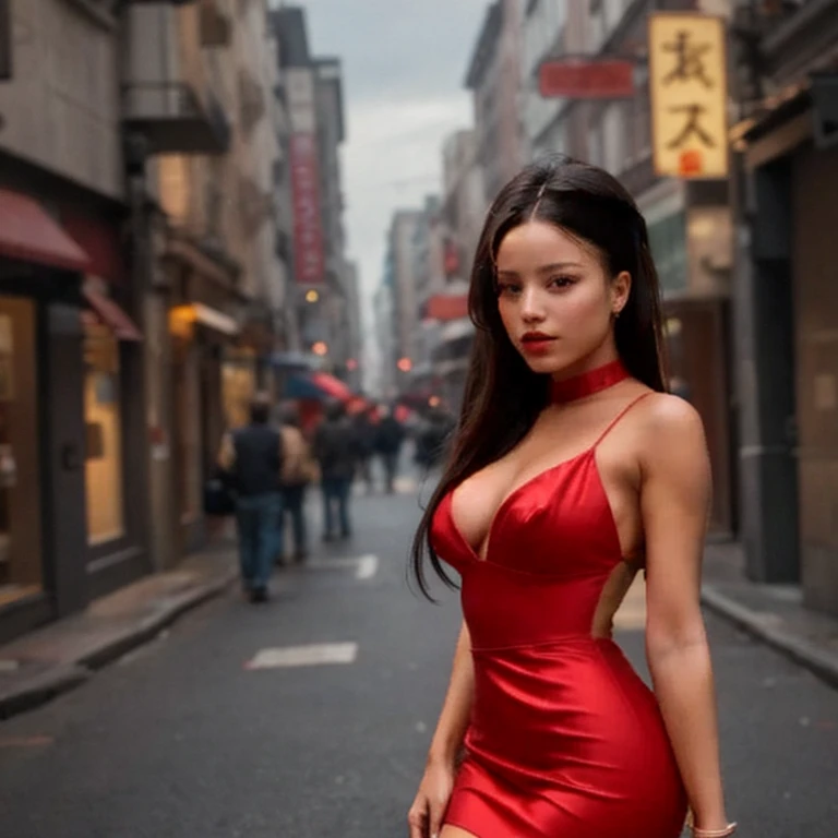 Beautiful woman on the street showing her full body wearing a red short dress