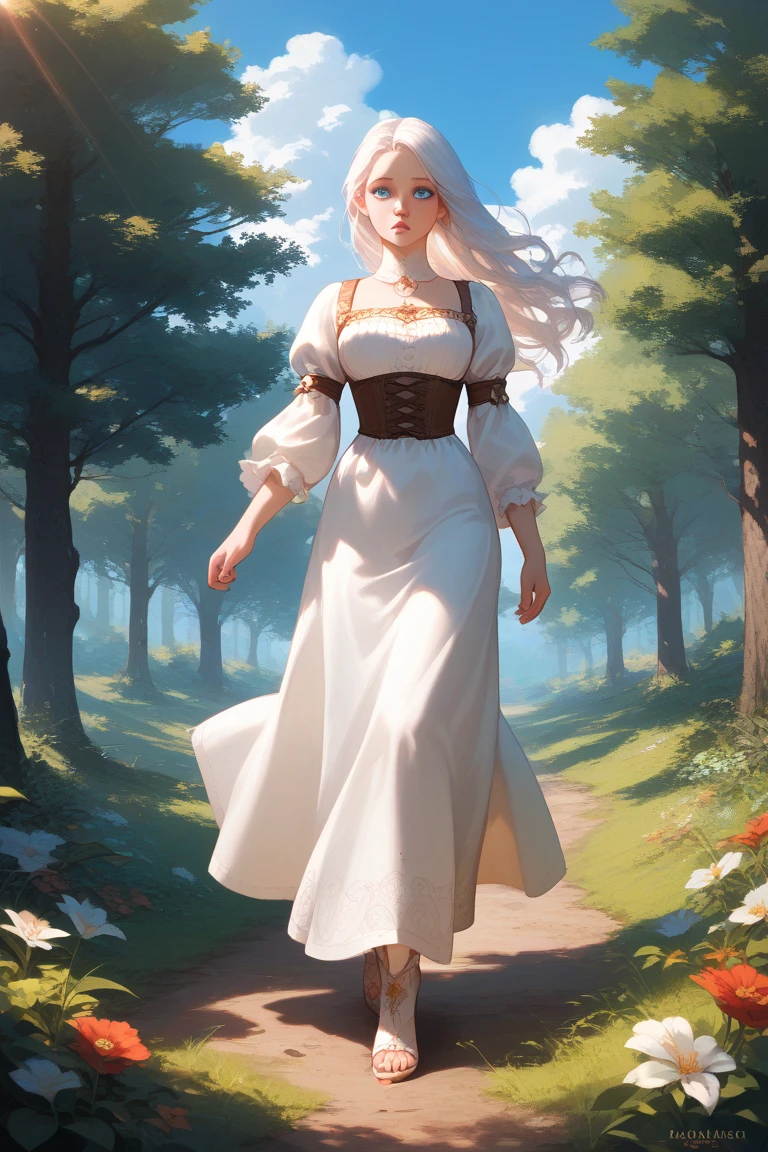 Animer girl perfect most beautiful long white hair blue eyes, white eyelashes, farm girl apothecaru, medieval fantasy world, living in the forest, walking in the mountais to collect ervs, feeling the wind in the hair, white skin, most beautiful, poporcelains skin, pinkish lips, delicate, most beautiful, forest, blue sky, sun rising, full body, perfect eyes, round eyes, sad eyes, 