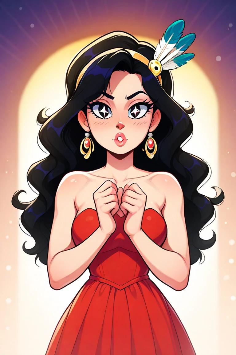 A vintage illustration in the style of Betty Boop, inspired by the 1920s. The character has large, expressive eyes, short wavy hair in the iconic flapper style, and an art deco dress adorned with fringes, peacock details, and pearls. She wears a headband with feathers and sparkling jewelry, while her pose and expression exude charm and elegance. The artwork retains the classic vintage cartoon style, with clean lines and vibrant colors reminiscent of the golden age of animation."