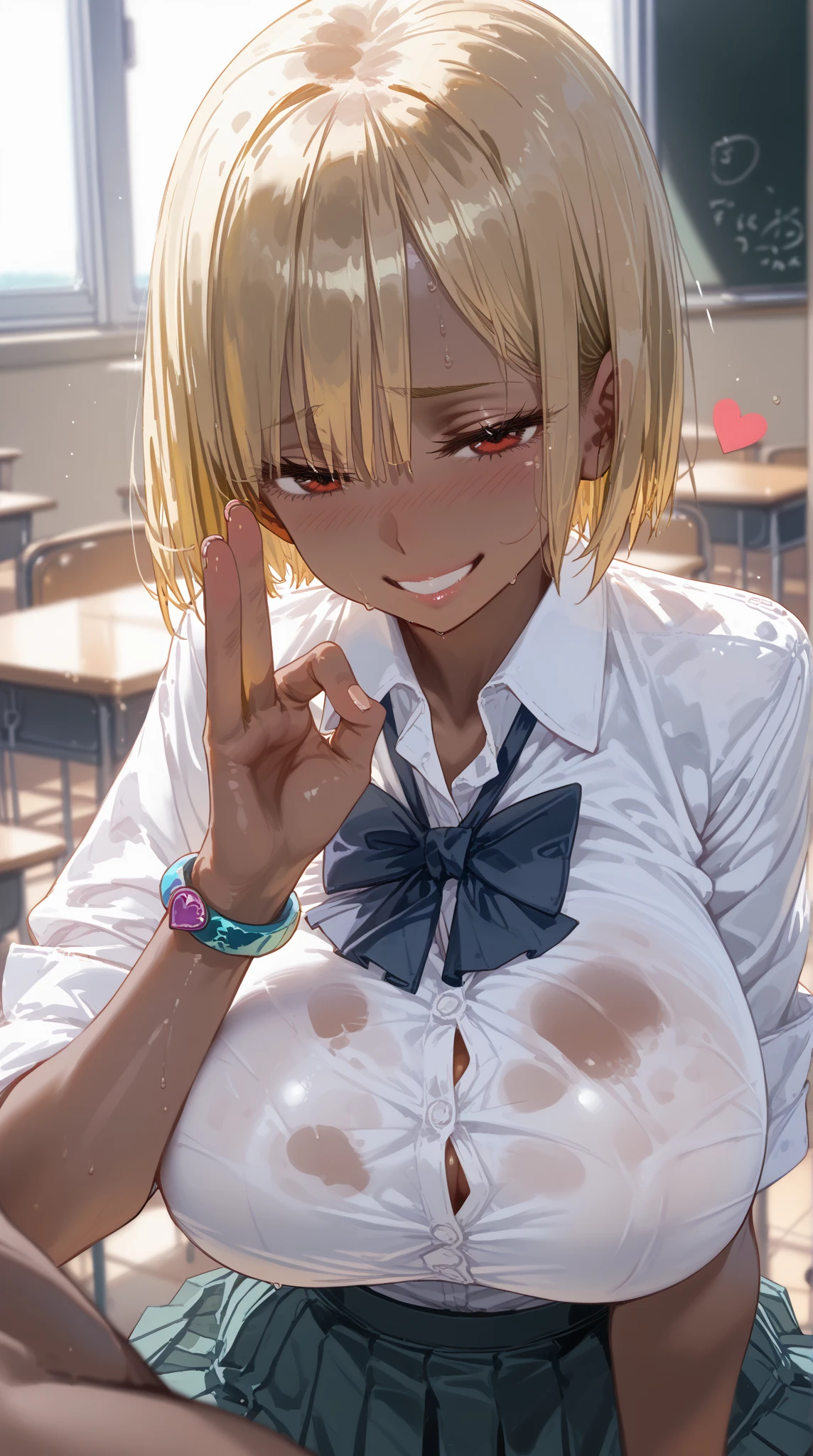 (score_9,score_8_up,score_7_up),(anime:1.2), looking at viewer, (contrasting colors, bright colors:1.1), 1girl, 1boy, dark skinned male, male head out of frame, groping, breast grab, ntr, netorare,  blush, lathe male, size difference,  (Hana_Midorikawa:1.2) , smile, school uniform, blunt bangs, yellow lipstick, eyelashes, (outside school, detailed background:1.2),    