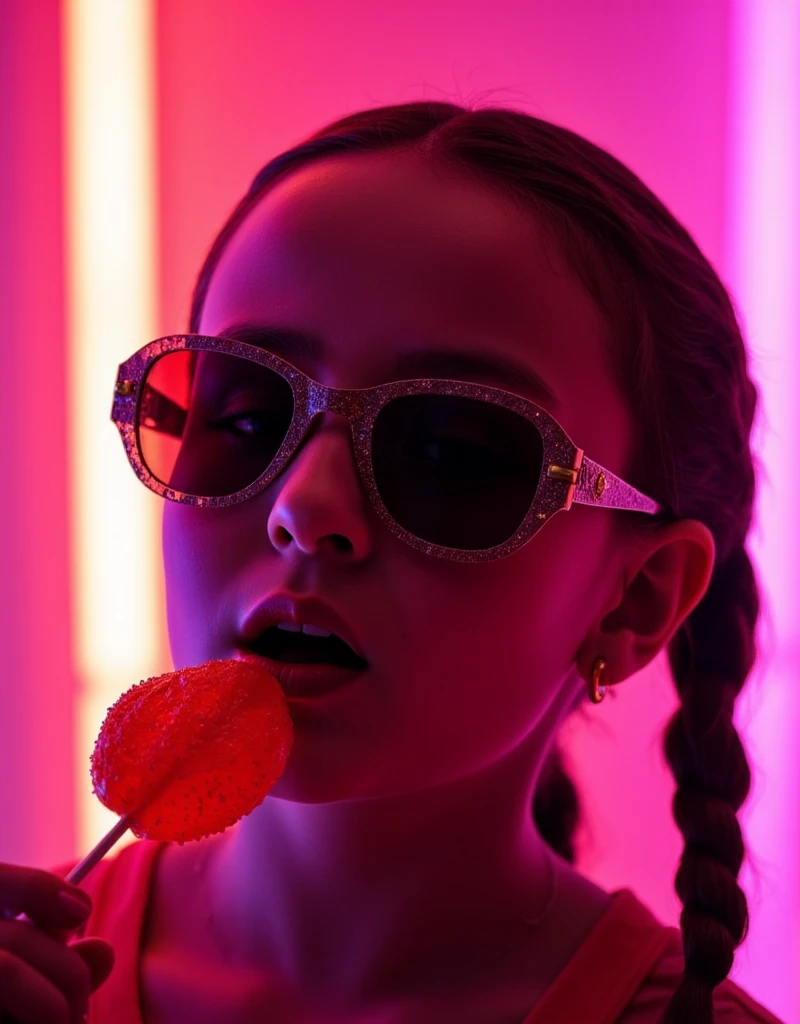 (masterpiece, best quality:1.2), 1girl, solo, high quality raw photograph of a young girl, licking a red lollipop,  vibrant neon colors, cool sunglasses, silhouette, illustration, looking at viewer, lofi,UHD, accurate, textured skin, super detail, high details, high quality, highres, 1080P, 4K, Larissa Manoela 