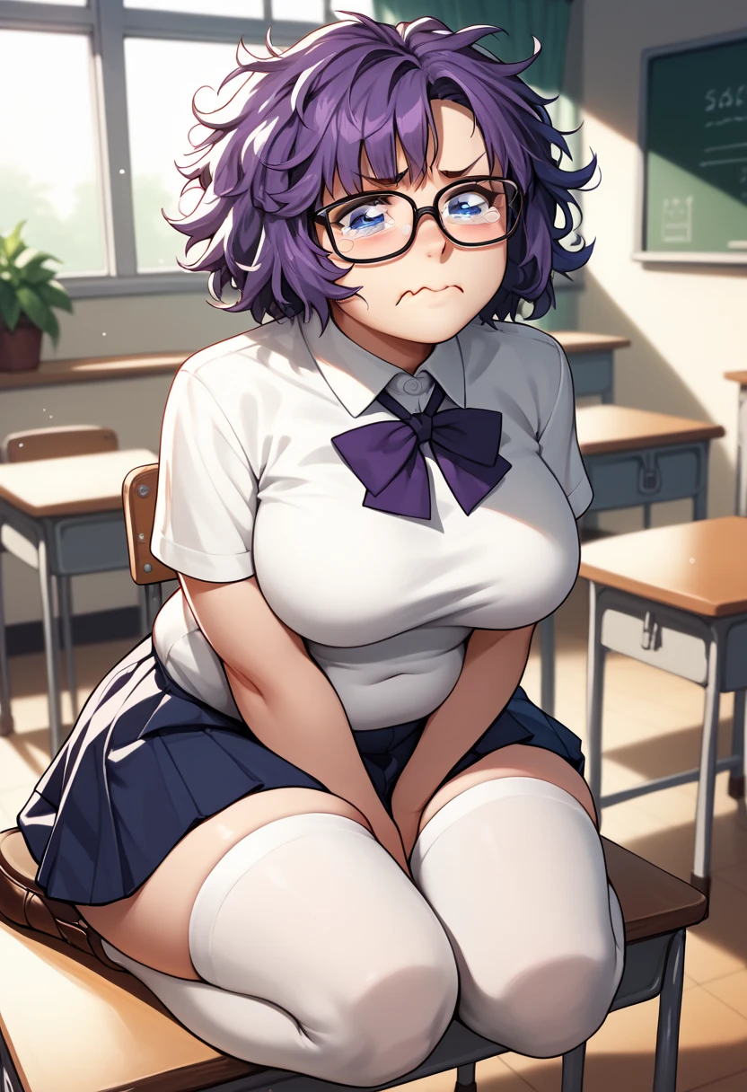 aquacrying, wavy mouth, closed mouth, tearing up, score_9_up, score_8_up, score_7_up,score_6_up, score_5_up, score_4_up, ,1girl, solo, white shirt, short sleeve, chubby stomach, wool sweater, glasses, short hair, messy hair, double chin, puffy cheeks, on her knees, looking up at viewer, sad expression, skirt, thick thighs, thighhighs, nylon white stocking, school uniform, pin, inside classroom, twilight time, blackboard, plants, desk, sparkling blue eyes, hair accesories, brown shoes, shy posture, tears, purple hair