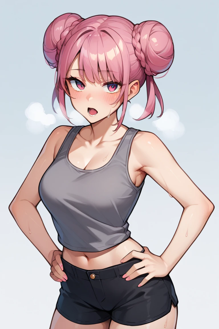 zPDXL2, source_anime, 
leiaxl, 1girl, solo,looking at viewer, breasts, double bun, gray tank top, black shorts, ,hands on hips, open mouth, out of breath, sweaty, chin sweat
 