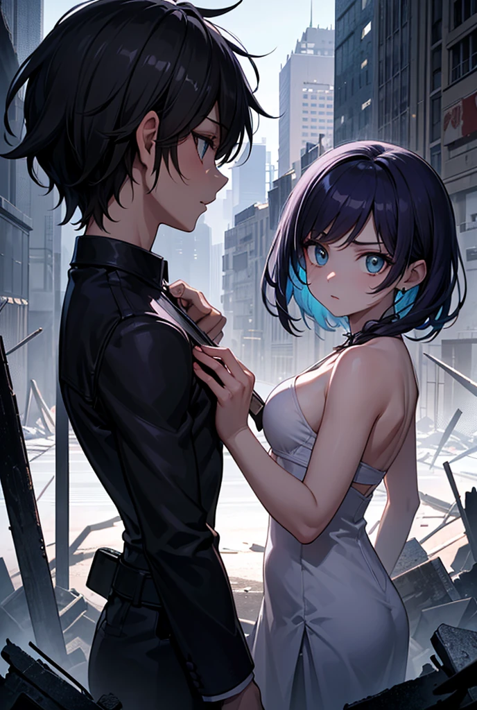 **"An anime-style post-apocalyptic scene with dramatic lighting and shadows. The crimson and dark blue sky looms over a ruined futuristic cityscape, its jagged remains casting long shadows. In the foreground, two protagonists stand amidst debris, back-to-back: a young man with spiky hair, surrounded by glowing metallic shards that orbit around him in dynamic motion, their metallic sheen reflecting ambient light; and a young woman with flowing dark hair holding radiant green vines glowing softly, her expression fierce yet compassionate. Behind them, the colossal 'Evolution Core' crystal hovers, emitting a pulsing, radiant light that casts stark contrasts between bright highlights and deep shadows across the scene.
The lighting is high contrast, with the protagonists illuminated from the glow of the crystal, while the ruins around them are engulfed in dramatic shadows, adding depth and tension. The anime art style features sharp lines, expressive facial details, and vibrant colors, captu