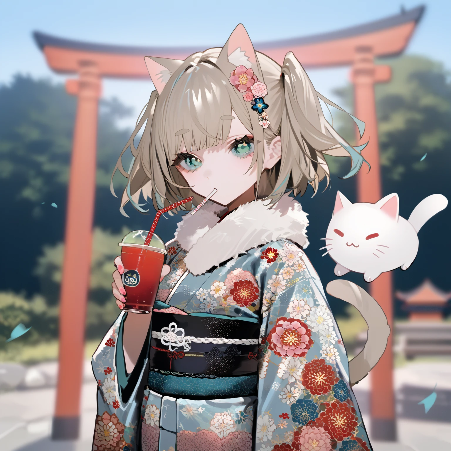 score_9, score_8_ up, score_7_ up,  top quality ,  Source_ANIME BREAK ,  BEBE style ,  1 girl,  kimono, v, Shining Beige Hair , light blue kimono ,  aquamarine eyes , Cat ears,  viewers, band,  floral print , heart, holding c up,  fur-trimmed kimono with a straw in the mouth , disposable c up, torii,  wide sleeve, Blurred Background, Hair between the eyebrows,   Pink Flower Hair Ornaments , two side  up,  holding a drink , new year,  Long Sleeve , pink nails, print kimono,  nail polish ,  bob hair,  Fur-Trimmed Kimono, 