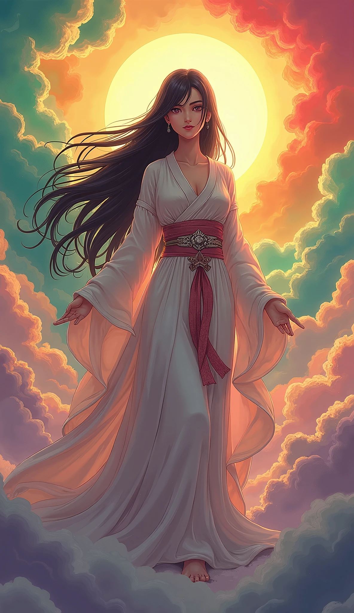  Beautiful Goddess Amaterasu, whole body, Japan's highest goddess ,  A gentle face,  beautiful dark hair, Takamagahara prayer, bright yellow,orange,red,green,green,Purple,Rainbow Clouds,  high image quality, masterpiece,  animation art, 