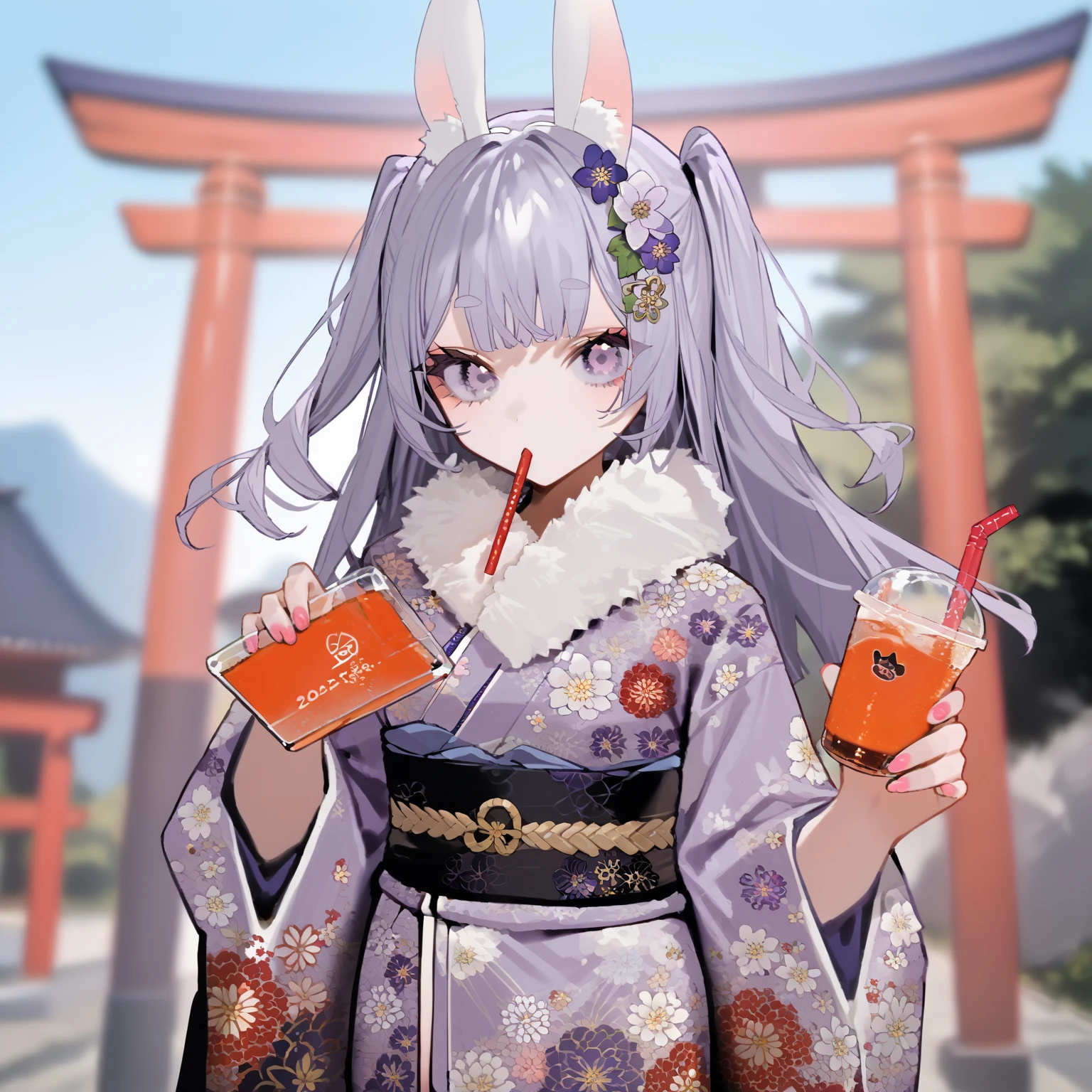 score_9, score_8_ up, score_7_ up,  top quality ,  Source_ANIME BREAK ,  BEBE style ,  1 girl,  kimono, v,  shining white silver hair , Light purple kimono , Light purple eyes, Cat ears,  viewers, band, rabbit ears,  floral print , heart, holding c up,  fur-trimmed kimono with a straw in the mouth , disposable c up, torii,  wide sleeve, Blurred Background, Hair between the eyebrows,  Light purple flower hair ornament , two side  up,  holding a drink , new year,  Long Sleeve , pink nails, print kimono,  nail polish ,  long hair,  fur-trimmed kimono, 