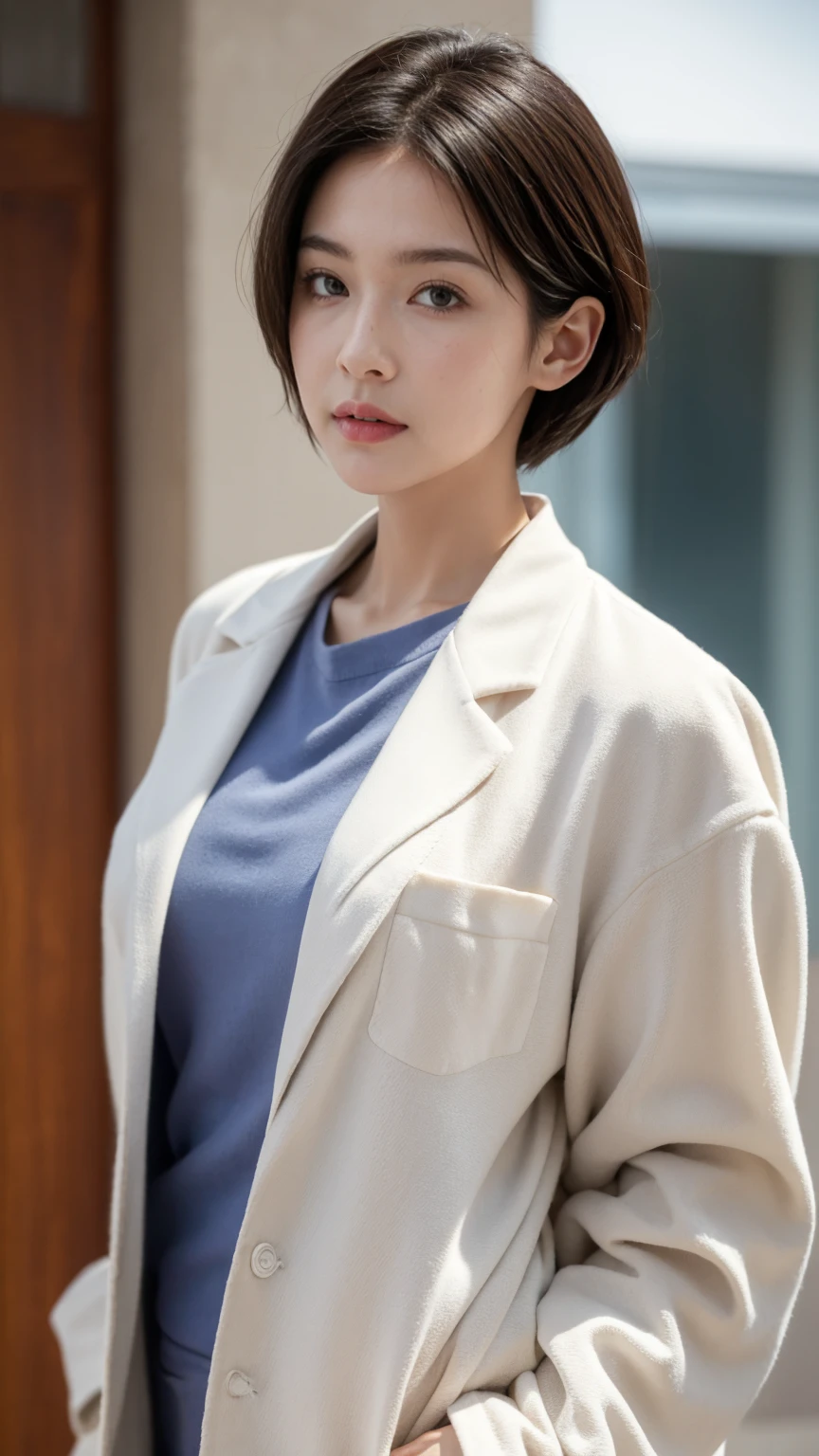 Alone,  Appearance,   high res , masterpiece,   anatomically correct,  top quality ,  Multiple Award-Winning Works  ,  Ultra-fine,   textured skin , woman、(([doctor's lab coat)),  background is university hospital entrance 、40 years old、doctor、  Very Shorthair split at the center、 Big Breasts、(( face close-up )),