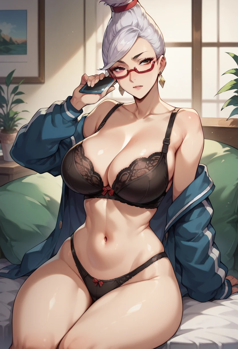 catalyst_Seiko short white hair glasses red on the face medium large breasts healed abdomen thick thighs Big black thighs panties and black bra cell phone in the sexy hand inside the bedroom coxas grossas Grande