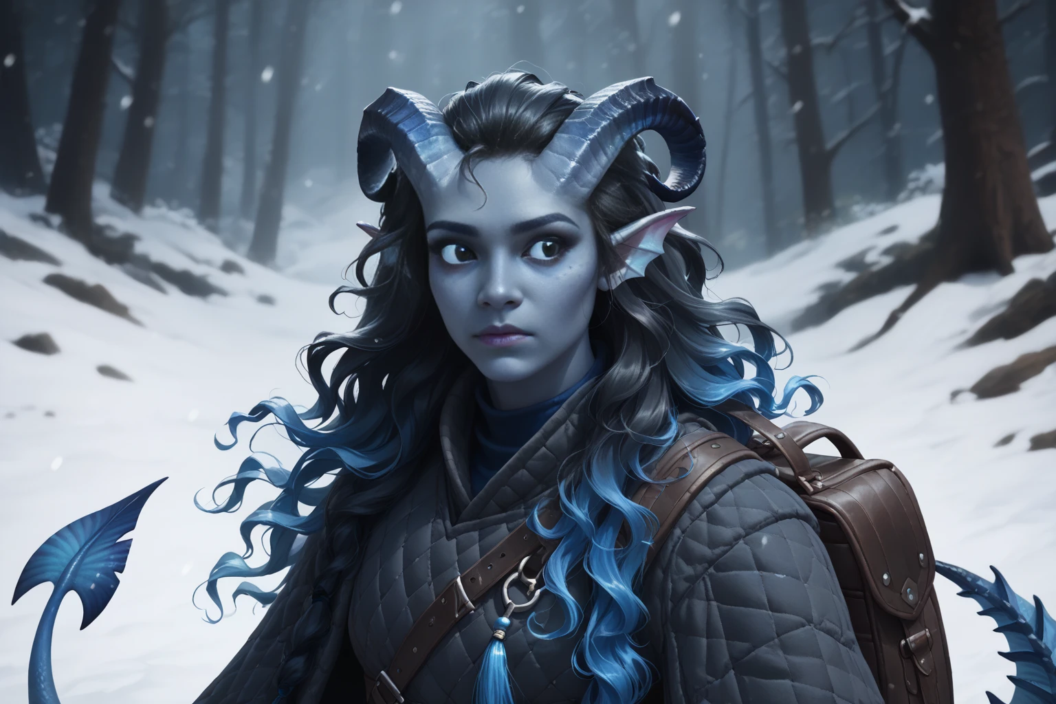 (A snow-covered cedar ), ( crawled into a large wolf-skin fur bag:1.7), (1Тiefling ,  dark blue-gray skin :1.5), ( very thick long tiefling dragon tail :1.5), ( long black flowing hair with dark blue tips:1.4), ( the bright blue-black pigmentation on the face :1.5), (blue-black freckles :1.2) , ( 2little fins on their heads :1.4), (bright blue-black pupils,  Black eyes :1.7), ( blue-black pigmentation on the skin :1.5), ( dark grey straight short horns ), ( blue and black pigmentation on the tail :1.5),  girl  , (coldно:1.2), [curiosity ], (35 years old:1.5), (adult:1.2), (запорошена в  snow у:1.1) , (покрыта  snow ом), (ежится от coldа:1.1) , (fur armor ), ( fur armor ), (chainmail), (you can see pigmentation on his shoulder ), (tail protection), [ snowy winter ], (visible in full), (очень coldно), (dark:1.2), (blizzard,  snow , cold) , ( top quality ), ( masterpiece fails), ( highest detail),  fantasy background, blue tones, Dark tones, dark shades,  muted colors, [Night], (a dark scary cave in the background:1.3).