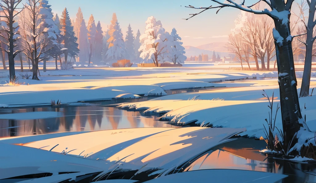 painting of the quiet of serene winter landscape photo with crisp snow covering the ground and reeds
standing still against the cold. A frozen lake lies in the middle, reflecting the dazzling sunlight. Trees in the distance are cloaked in frost, completing the picturesque winter panorama.