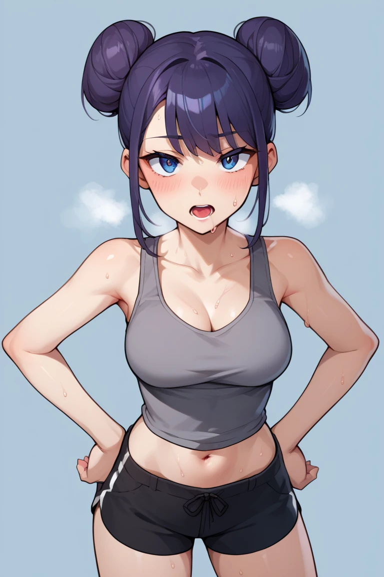 zPDXL2, source_anime, 
leiaxl, 1girl, solo,looking at viewer, breasts, double bun, gray tank top, black shorts, ,hands on hips, open mouth, out of breath, sweaty, chin sweat
 