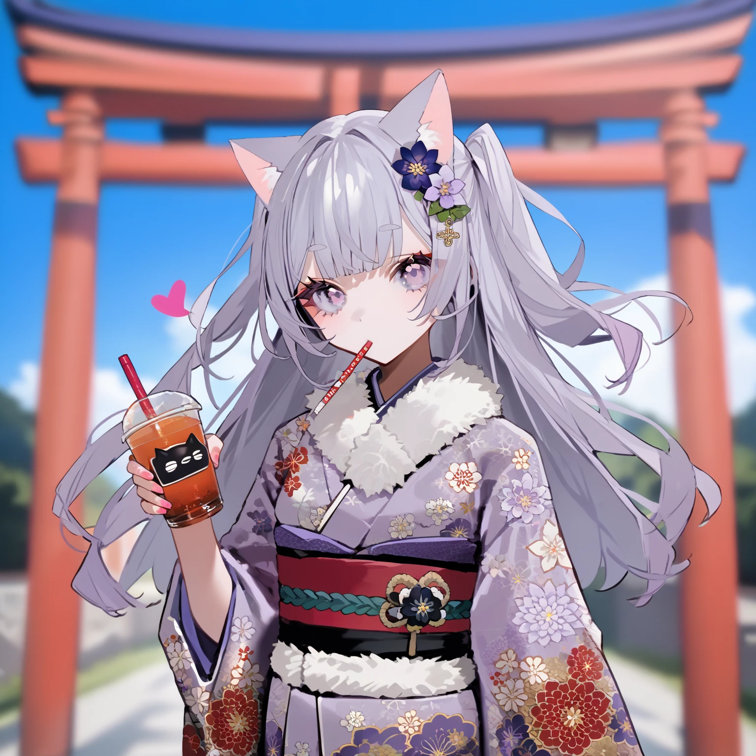 score_9, score_8_ up, score_7_ up,  top quality ,  Source_ANIME BREAK ,  BEBE style ,  1 girl,  kimono, v,  shining white silver hair , Light purple kimono , Light purple eyes, Cat ears,  viewers, band, floral print , heart, holding c up,  fur-trimmed kimono with a straw in the mouth , disposable c up, torii,  wide sleeve, Blurred Background, Hair between the eyebrows,  Light purple flower hair ornament , two side  up,  holding a drink , new year,  Long Sleeve , pink nails, print kimono,  nail polish ,  long hair,  fur-trimmed kimono, 