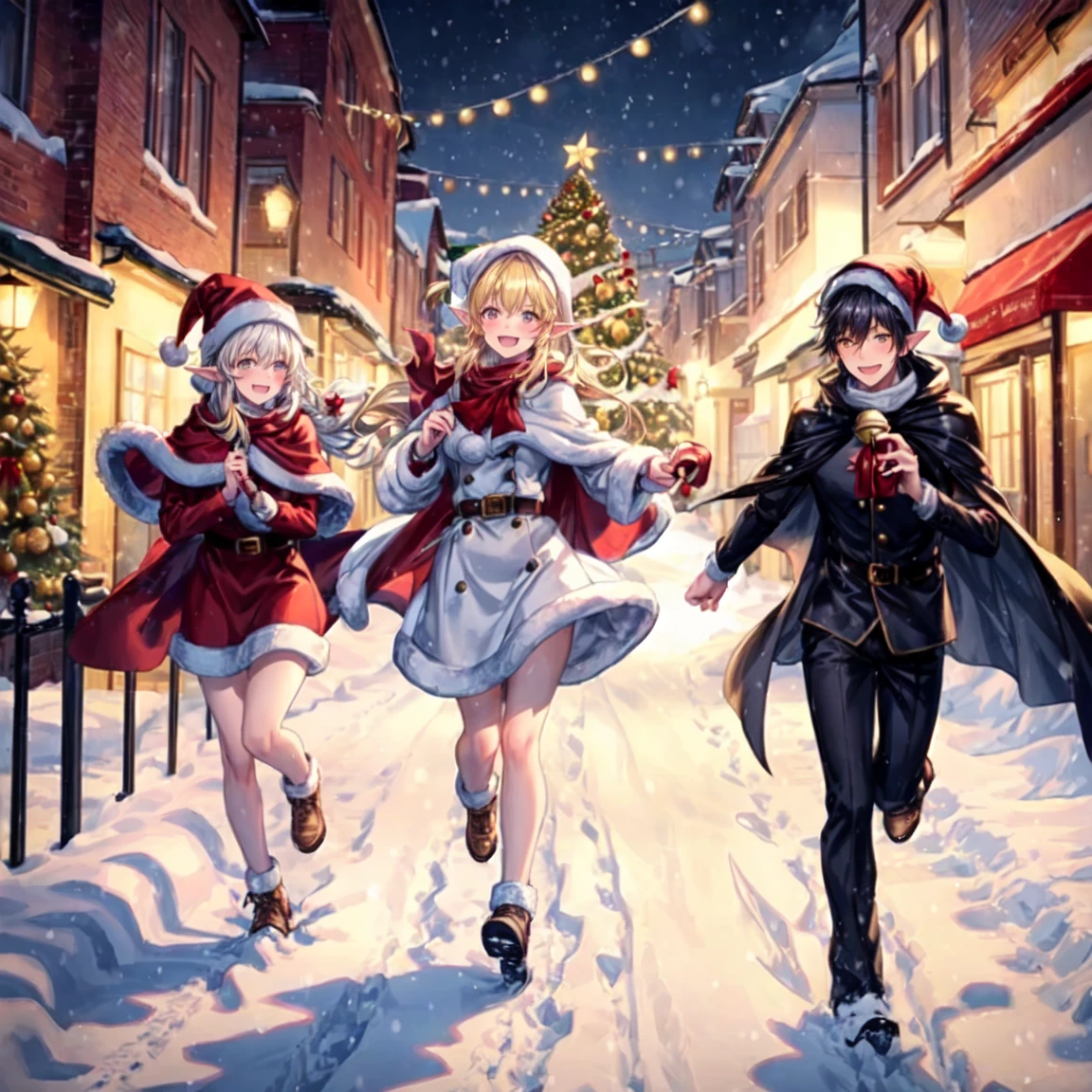 Three cheerful Christmas elf ren wearing festive red capes trimmed with white fur, joyfully running through a snow-covered street at dusk. Each holds a ((small golden bell in their hand)), jingling as they run, leaving soft footprints in the snow. The scene is vibrant with twinkling holiday lights strung along nearby houses, glowing warmly in contrast to the cool, snowy surroundings. Their expressions are full of excitement and holiday spirit, with their capes flowing behind them as they move. Detailed textures, soft lighting, cinematic framing, magical winter atmosphere, vivid colors, festive details, very detailed faces.