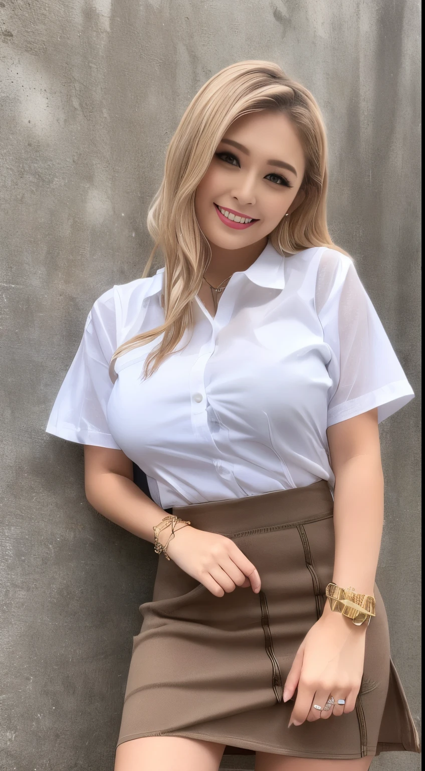 8KRAWphotograph, top quality , masterpiece, super high res, One girl , Japanese , (( light blond_hair)), Watching viewers, tanned skin:1.4, Dark Skin:1.4, Light brown_eye, detailed eyes and face, eyeshadow, blonde hair, smile, teeth, skinny, slim_feet, Super short skirt, teeth, shirt, Seaside, ( detailed background), check pattern skirt, white shirt, huge breasts, clevis on a stone, Blur background, Blur, holding, check pattern , Short sleeve, Bracelet ,