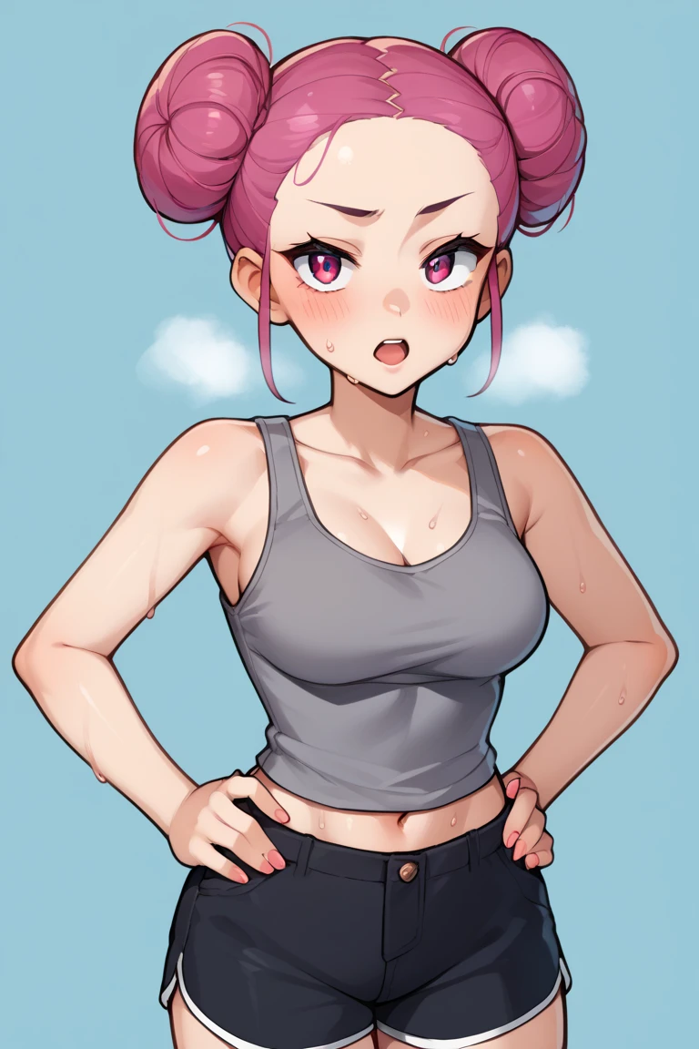 zPDXL2, source_anime, 
leiaxl, 1girl, solo,looking at viewer, breasts, double bun, gray tank top, black shorts, ,hands on hips, open mouth, out of breath, sweaty, chin sweat
 