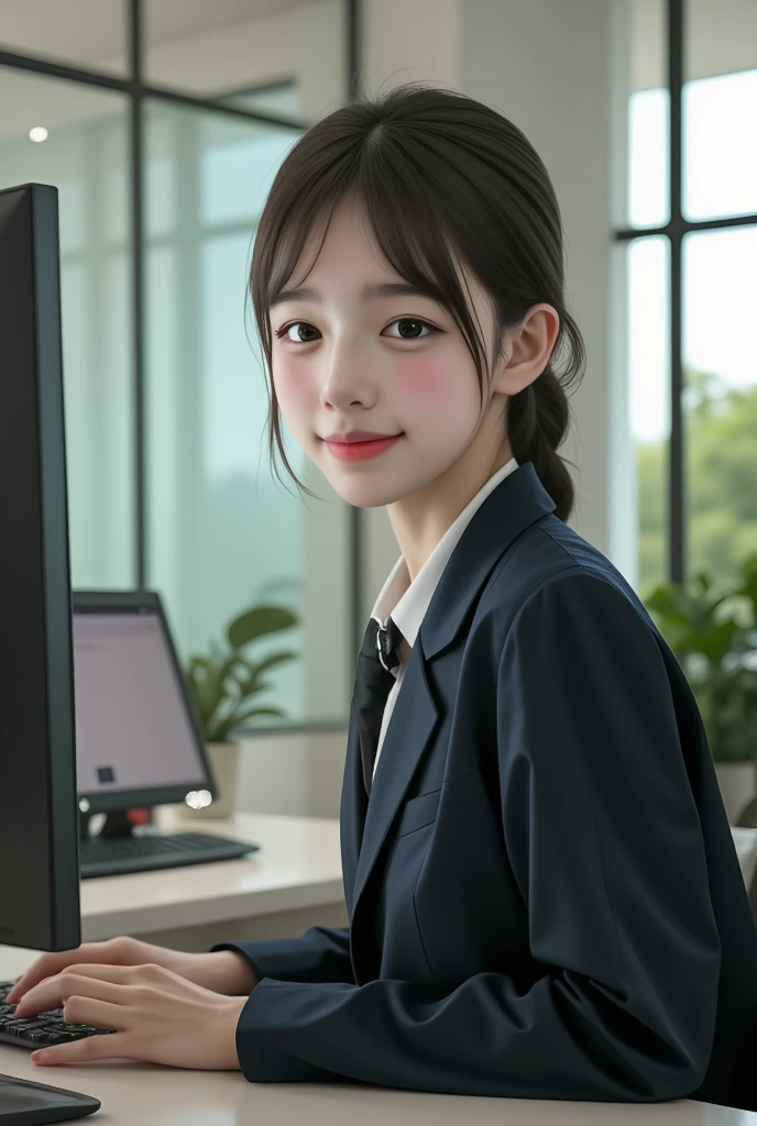  a young Japanese woman in her early 20s 、 in front of a MacBook laptop placed on a desk in a modern office room in a high-rise building、 sitting in an office chair。 formal attire with a black suit and mini skirt 、 she looks up with a crying expression 、Holding her head with both hands 、 looks irritated and anxious 。The office is large 々As a result、 natural light shines through a large window 。
 best quality, masterpiece,  ultra high resolution, （reality：1.4）,  original photo,  one girl who is at ease,  mature, Film lighting,  mature,  pretty girl, Super cute 
(とてもキュートな pretty girl, （Very cute face：1.2）, （Big attractive eyes、 bright like a crystal ）,  amazing、Beautiful narrow eyes、Fine double eyelids, （smile）, （Actual Photos：1.2）, （Beautiful Bangs、Beautiful long black hair ：1.2）,  colorful background,  HD background 
 Extremely delicate and beautiful 、masterpiece、(((  best quality、Very beautiful 8K CG wallpaper)),), sad expression 、She's crying a lot with tears , hair tied up later and made into a ponytail,Beautiful and white skin,Very beautiful thin arms ,The jacket is a black jacket,Long sleeve top,The area from the upper arm to the wrist is thin,とても sad expression ,