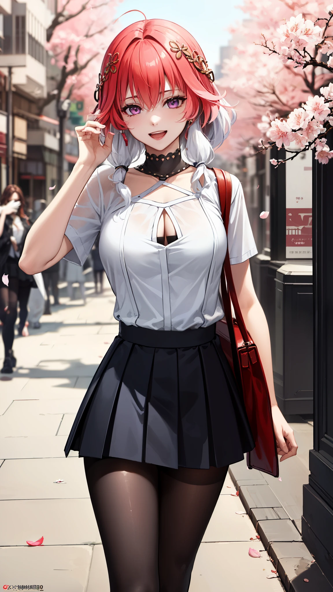 (masterpiece,  One quality ,  Best Quality ,  Official Art ,  beautiful and beautiful :1.2),(8k,  Best Quality , masterpiece:1.2), (((masterpiece))),((( Best Quality ))),((( extremely detailed))),illustration,who, (masterpiece,  One quality ,  Best Quality ,  Official Art ,  beautiful and beautiful :1.2),(8k,  Best Quality , masterpiece:1.2), 1girl, one, girl, Collapse: Star Trails, Huangquan,  purple hair ,  long hair,  shorts,  one eye is hidden behind the hair,  Monocular Mask ,  purple eyes,   white shirt , sweater, Pleated Skirt, pantyhose, light  Smile, Double V,  looking at the audience ,  Smile, open mouth, outdoor, street, Cherry blossoms, petal, Depth of Field
