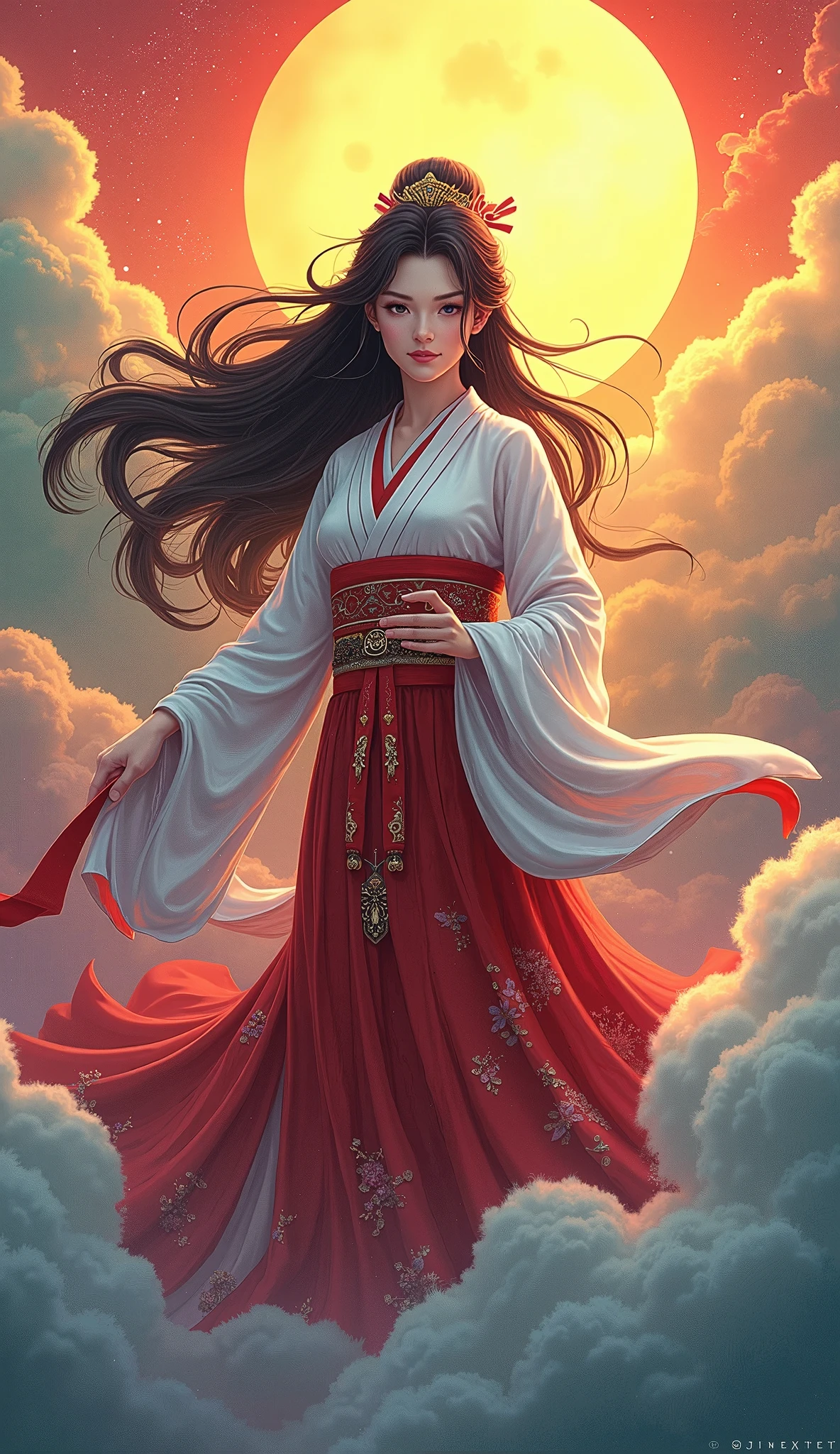  Beautiful Goddess Amaterasu, whole body, Japan's highest goddess ,  A gentle face,  beautiful dark hair, Takamagahara prayer, bright yellow,orange,red,green,green,Purple,Rainbow Clouds,  high image quality, masterpiece,  animation art, 