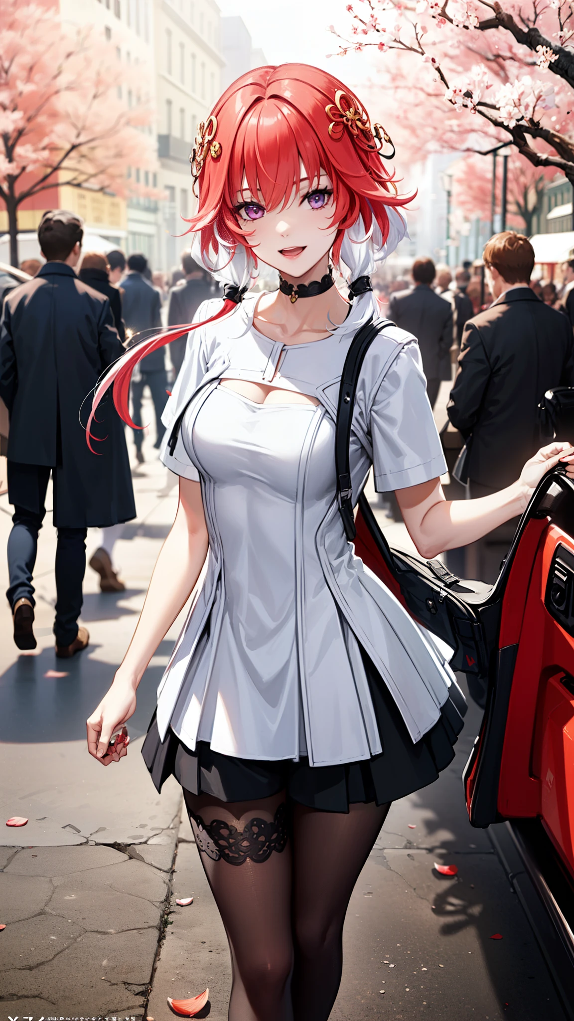 (masterpiece, One quality , Best Quality , Official Art , beautiful and beautiful :1.2),(8k, Best Quality , masterpiece:1.2), (((masterpiece))),((( Best Quality ))),((( extremely detailed))),illustration,who, (masterpiece, One quality , Best Quality , Official Art , beautiful and beautiful :1.2),(8k, Best Quality , masterpiece:1.2), 1girl, one, girl, Collapse: Star Trails, Huangquan, purple hair , long hair, shorts, one eye is hidden behind the hair, Monocular Mask , purple eyes, white shirt , sweater, Pleated Skirt, pantyhose, light Smile, Double V, looking at the audience , Smile, open mouth, outdoor, street, Cherry blossoms, petal, Depth of Field