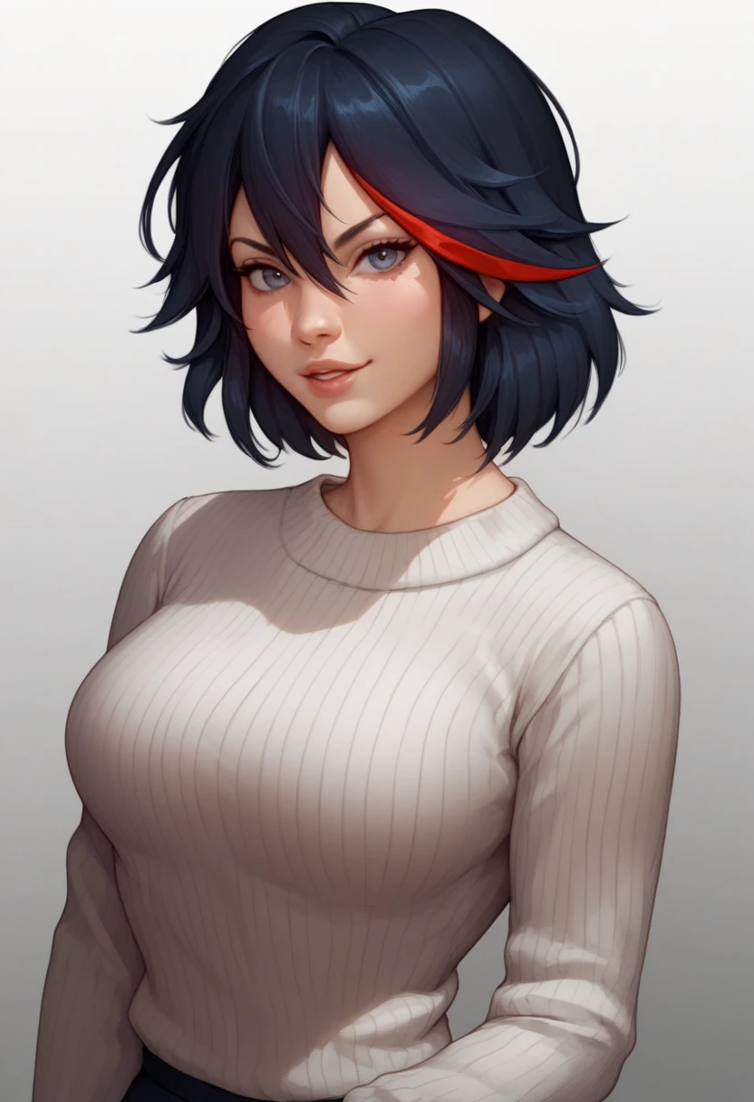 natck, score_9, score_7_up, 1girl, solo, black hair, ribbed sweater, gradient background, grey background, portrait, looking at viewer, matoi ryuuko