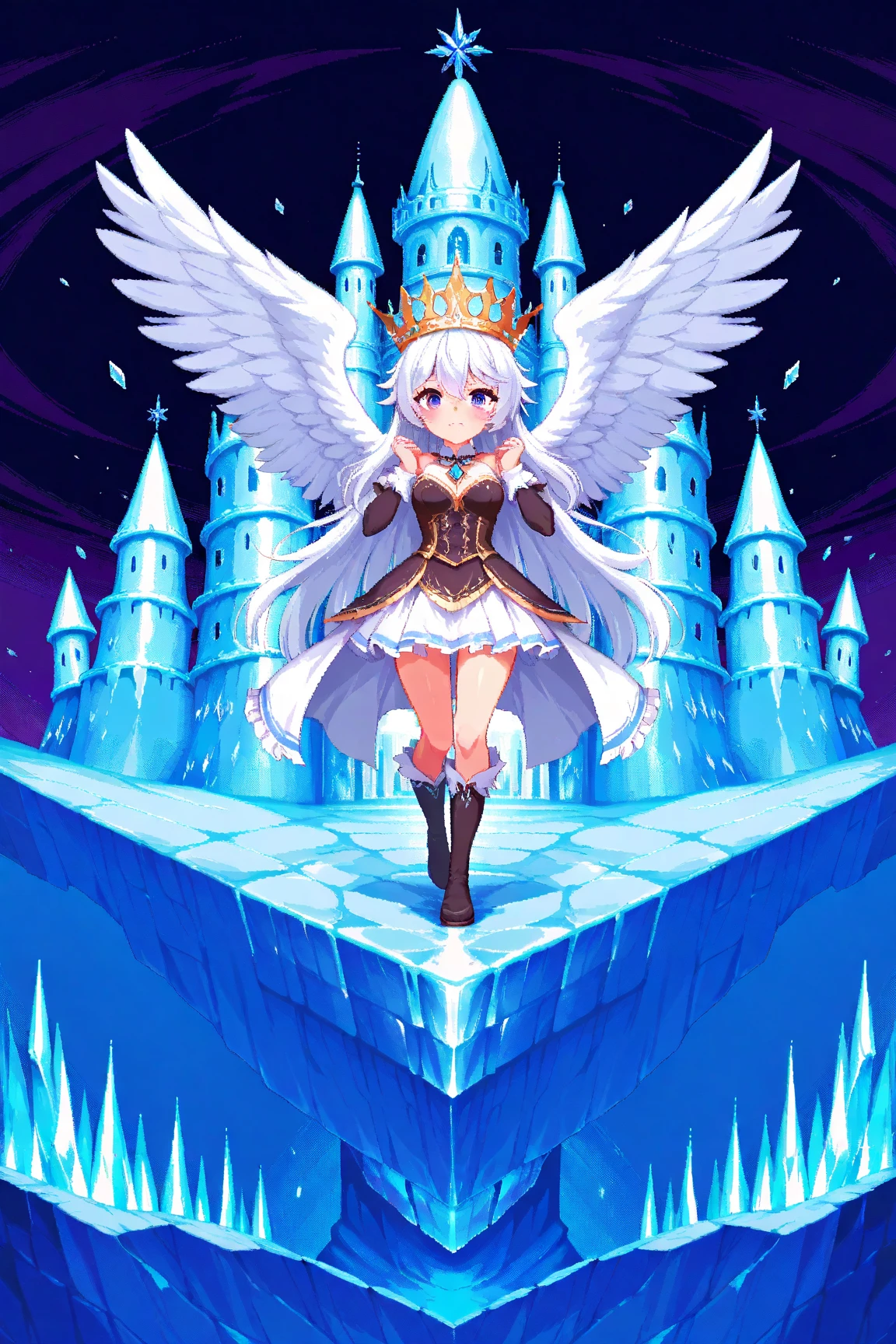 rpg , anime , Pixel art , rei em um Ice castle  , Ice castle ,  the king has a small ANGEL WING CROWN ON HIS HEAD white hair
