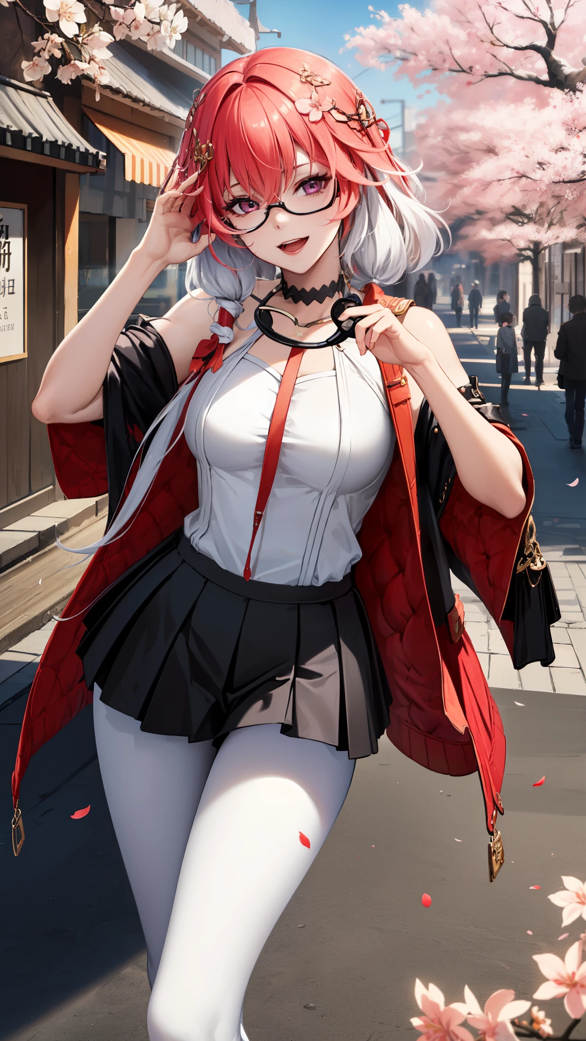 (masterpiece, One quality , Best Quality , Official Art , beautiful and beautiful :1.2),(8k, Best Quality , masterpiece:1.2), (((masterpiece))),((( Best Quality ))),((( extremely detailed))),illustration,who, (masterpiece, One quality , Best Quality , Official Art , beautiful and beautiful :1.2),(8k, Best Quality , masterpiece:1.2), 1girl, one, girl, Collapse: Star Trails, Huangquan, purple hair , long hair, shorts, one eye is hidden behind the hair, Monocular Mask , purple eyes, white shirt , sweater, Pleated Skirt, pantyhose, light Smile, Double V, looking at the audience , Smile, open mouth, outdoor, street, Cherry blossoms, petal, Depth of Field