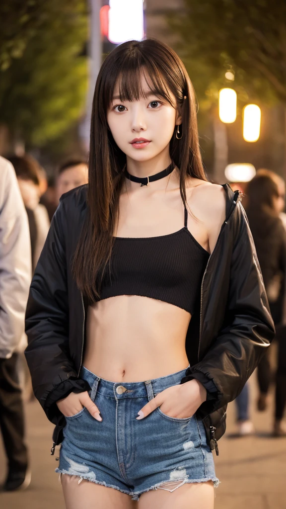 a woman with สีชมพู hair and a black highest is sit on a city street with a traffic light in the background, Germ type, anime art, cyberpunk art, Optical Realism, 1 girl, smooth, just_shoulder, black_choker, Medium bust, bridge, building, choker, city, cityscape, Crop_highest, decorations, look_at_viewer, put on makeup, Diaphragm, navel, necklace, blackแดง_hair, long_hair, sit, White skirt, skyscraper, alone, pail_highest