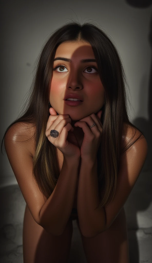 a beautiful girl, kneeling in front of the viewer, huge shadow of a penis over her face, she gazes up at the penis in awe, detailed facial features, photorealistic, dramatic lighting, high quality, 8k, hyper detailed, masterpiece.