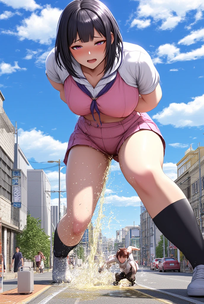 （（（giant woman）））、 Miniature People 々、A large number of people々を見下ろすgiant woman、pee,peeing,pissing,piss　、 large amount of pee 、 people who are washed away by urinating々、from　below, bright 、 Japanese、anime、 girl、((()))、japanese、(((( detailed anatomy of a Japanese  ))))、 smirking 、 laughs、Young、People swept away by the pee tsunami 々、People who drown 々、 girlから恐怖の表情で逃げる人々、身長100mの girl、3danime、 Building Street in Japan 、Real people in the city々