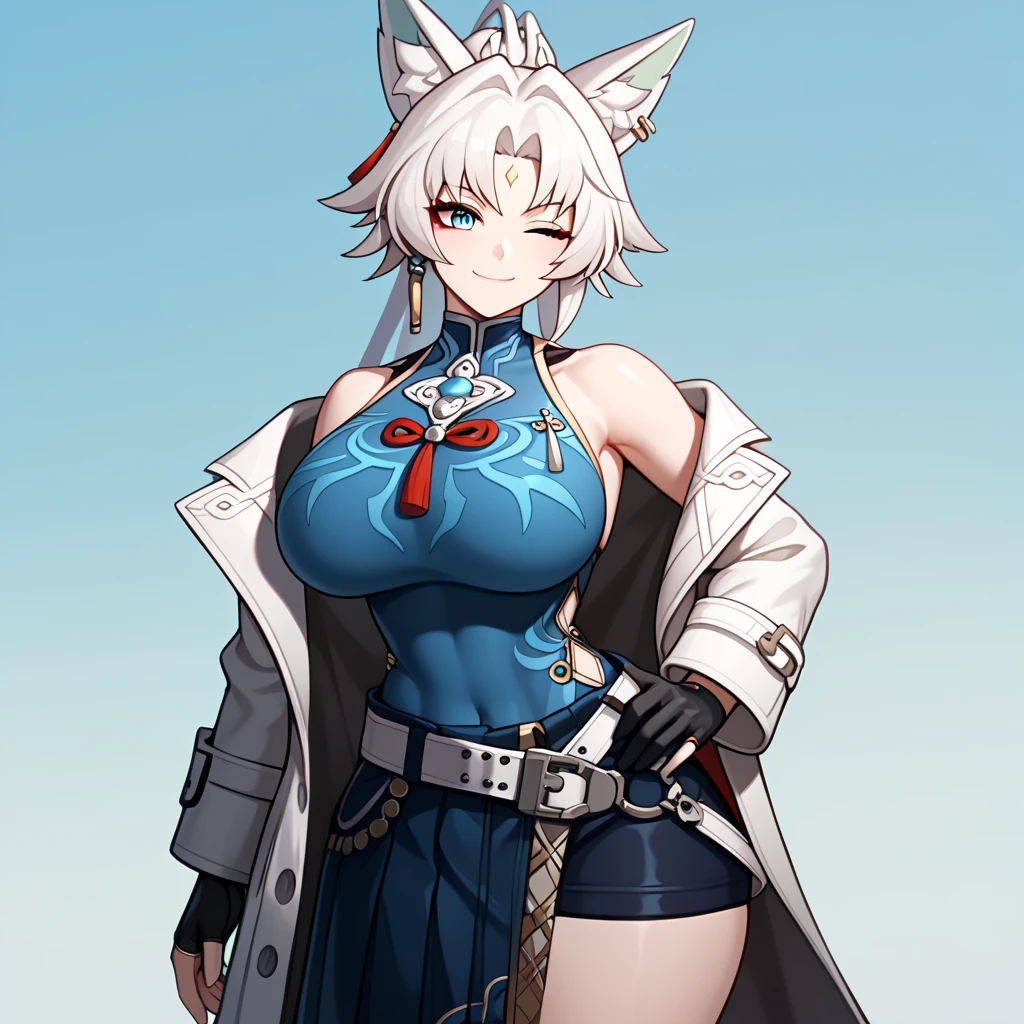 1girl ,bare shoulders,bikini,black bikini,black hair,breasts,cleavage,crossed legs,fur-trimmed jacket,fur trim,grey eyes,grey jacket,halterneck,jacket,large breasts,long hair,looking at viewer,multicolored hair,off shoulder,red pupils,sitting,solo,streaked hair,swimsuit,symbol-shaped pupils,thighs,white background,white hair,x-shaped pupils