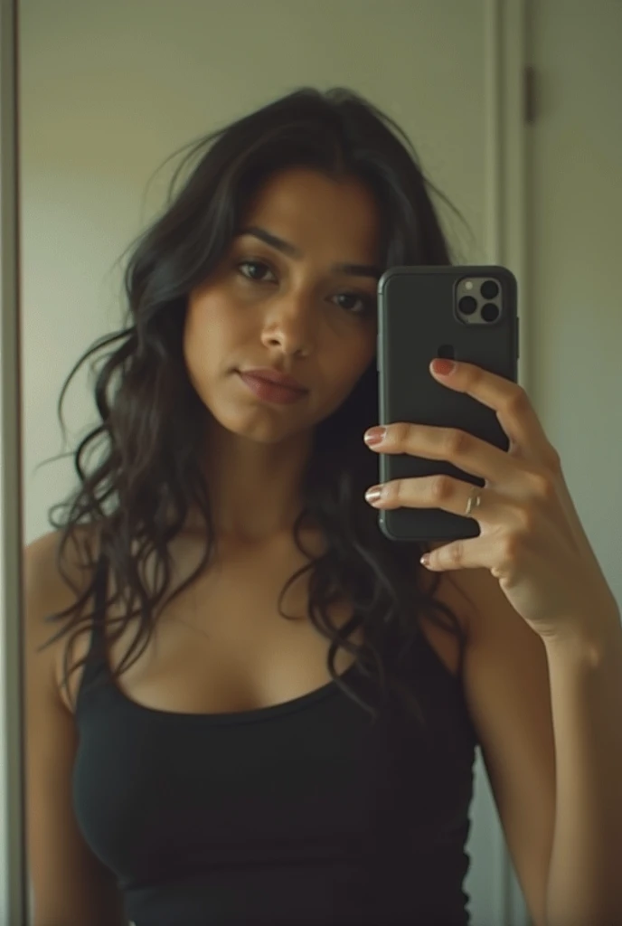 Who was an image of a curvy but thin girl?, but with big breasts who is taking a photo in a mirror with her iPhone 10, The girl should have straight bangs above the eyebrows and very straight, dark hair down to the waist..., You should also have Russian volume eyelash extensions.., From behind you can see his poor and messy room..., She should be dressed in shorts and a black coat., Low-cut T-shirt., and some converse sneakers. The girl must have a confident and seductive attitude.. The image must be very realistic and the aesthetics must be similar to that of the turras...