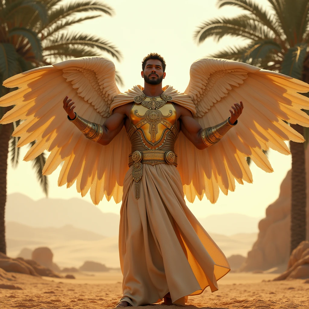 a man of 30, with slightly curly hair that reaches his shoulders, white clothes with golden stripes that go from his belly to his pants, A serious face, with golden shoulder pads referencing angel wings, in his hands, purple energy emanates, in a desert environment