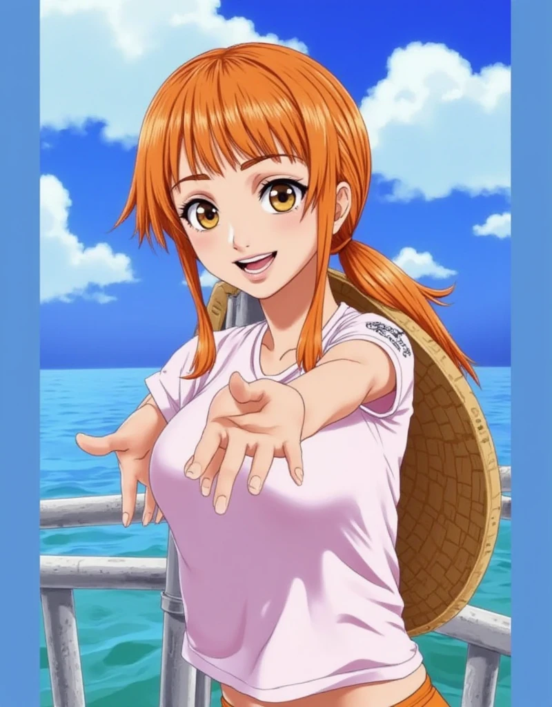 Works: 1.4), (best quality: 1.4), ultra high resolution, 1 girl, solo, on a ship,highly detailed, 8k, beautiful and detailed eyes, looking at the viewer, strong dark colors, (depth of field), (dynamic) , (epic) , sharp focus, (intricate details: 1.2), Colorful, nami \(one piece\),(one piece),(strong pose:1.4), short hair, arm support, asymmetric bangs, bangs, white t-shirt, orange skirt, collarbone, daytime, hair behind ears, big breasts, looking at viewer, miniskirt, big smile, orange eyes, orange hair, shirt, short sleeves, on the a ship ((sitting)), skirt, two-tone shirt,((straw hat)), sea, Emily Rudd, orange hair, short redhead hair, nami, 1girl, solo, long_hair, breasts, smile, open_mouth, large_breasts, shirt, cleavage, bare_shoulders, brown_eyes, :d, cowboy_shot, outdoors, sky, shorts, sleeveless, day, pants, cloud, orange_hair, blue_sky, orange_eyes, short_shorts, sleeveless_shirt, tattoo, arms_behind_back, tank_top, clothes_writing, pink_shirt, railing, shoulder_tattoo