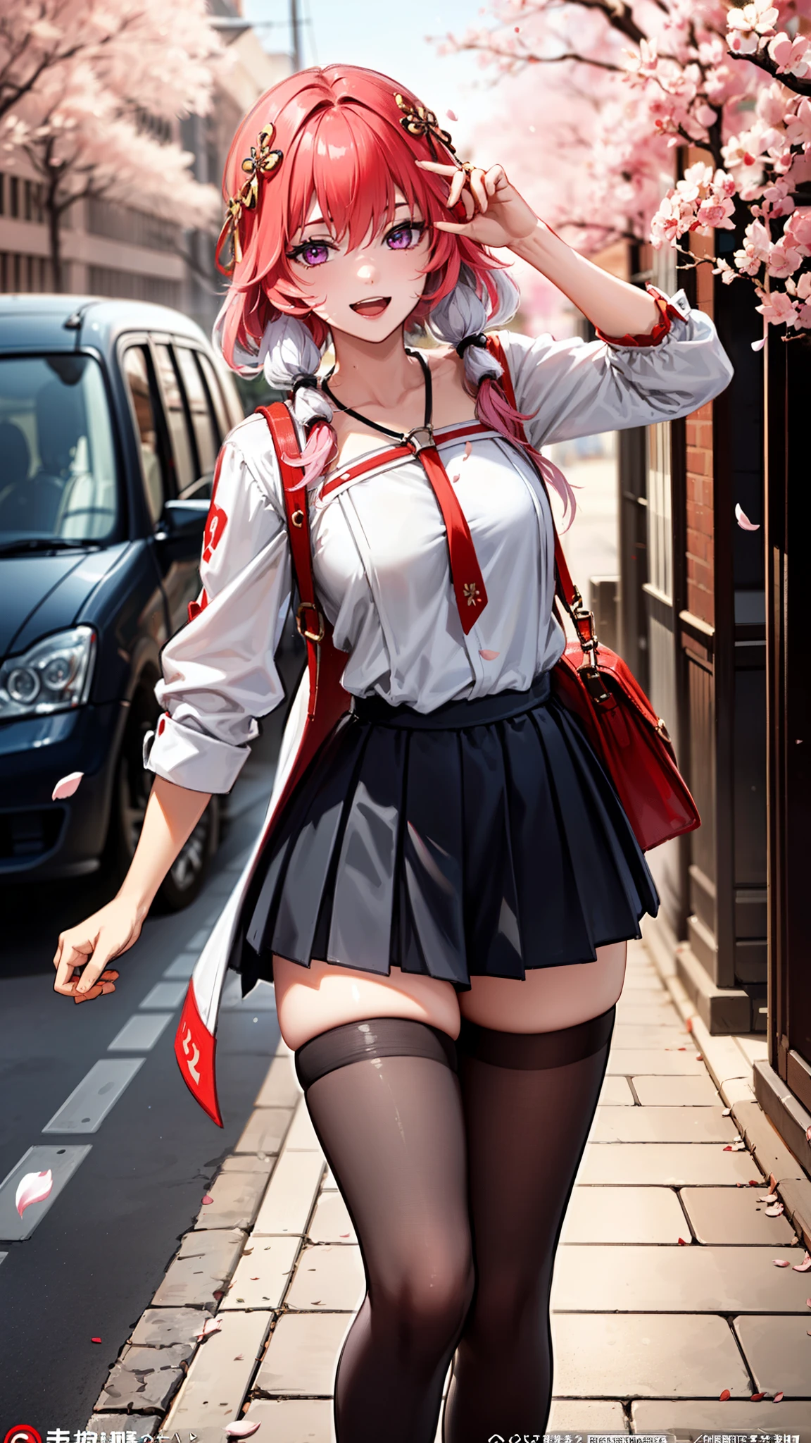 (masterpiece, One quality , Best Quality , Official Art , beautiful and beautiful :1.2),(8k, Best Quality , masterpiece:1.2), (((masterpiece))),((( Best Quality ))),((( extremely detailed))),illustration,who, (masterpiece, One quality , Best Quality , Official Art , beautiful and beautiful :1.2),(8k, Best Quality , masterpiece:1.2), 1girl, one, girl, Collapse: Star Trails, Huangquan, purple hair , long hair, shorts, one eye is hidden behind the hair, Monocular Mask , purple eyes, white shirt , sweater, Pleated Skirt, pantyhose, light Smile, Double V, looking at the audience , Smile, open mouth, outdoor, street, Cherry blossoms, petal, Depth of Field