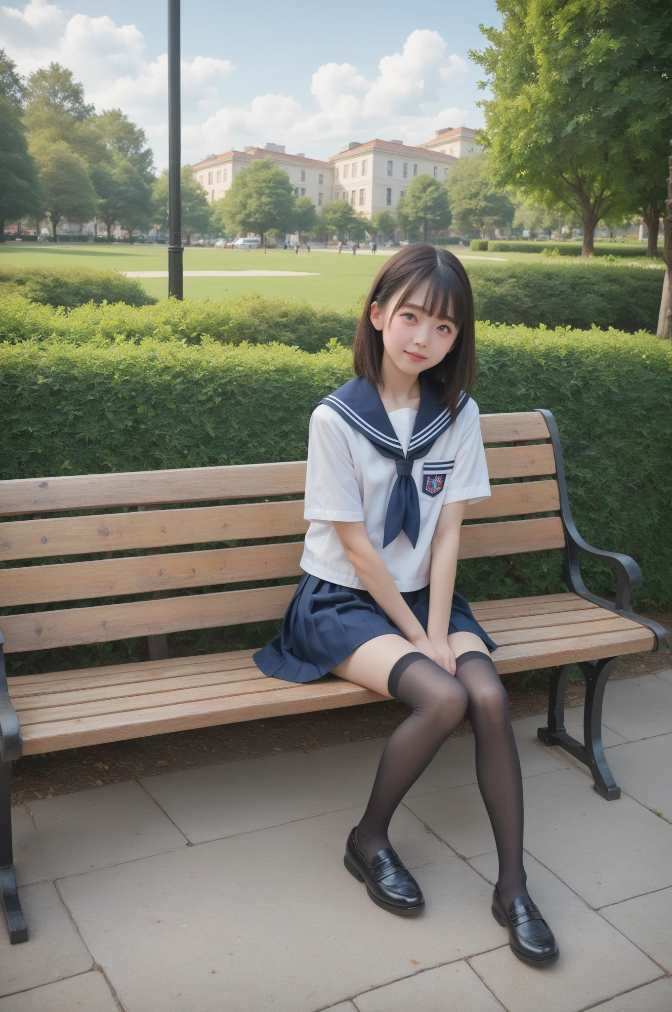   sailor suit ,***************************, cute girl,masterpiece,4K,8k,16k,  black stockings,  sit on a park bench , is short