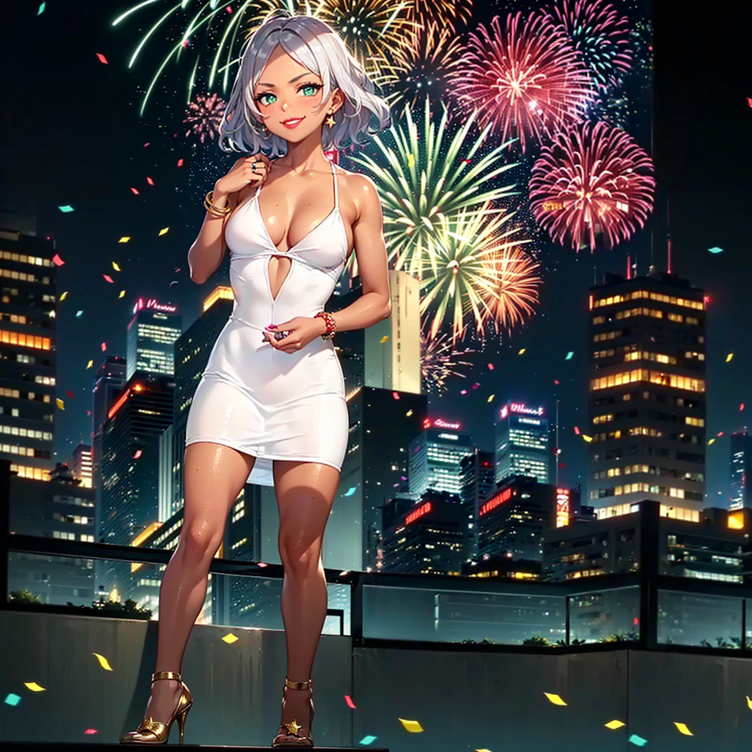 ((1 girl, Alone, alone, short hair, white hair, ((secelia dote, green eyes, small breasts, cute, small bust)), Dark, tan skin, Fitness)), ((Alone, (1 woman, pink lipstick), extremely detailed, soft ambient lighting, 4K, perfect eyes, perfect face, perfect lighting, 1 girl, jewelry, bracelets, ring)), , ((fitness,, shapely body, athletic body, toned body)), ((fitness, , shapely body, athletic body, toned body)) , ((white dress, dress with gold embroidery, lace dress, high heels, silver, new year, new year's eve, fireworks, 2025, happy new year, happy 2025, new year's party, window, night, stars, balloons, new year decoration, terrace, buildings, skyscraper, balcony, smug, party, confetti, smug smile, red lipstick, cleavage, nickline))