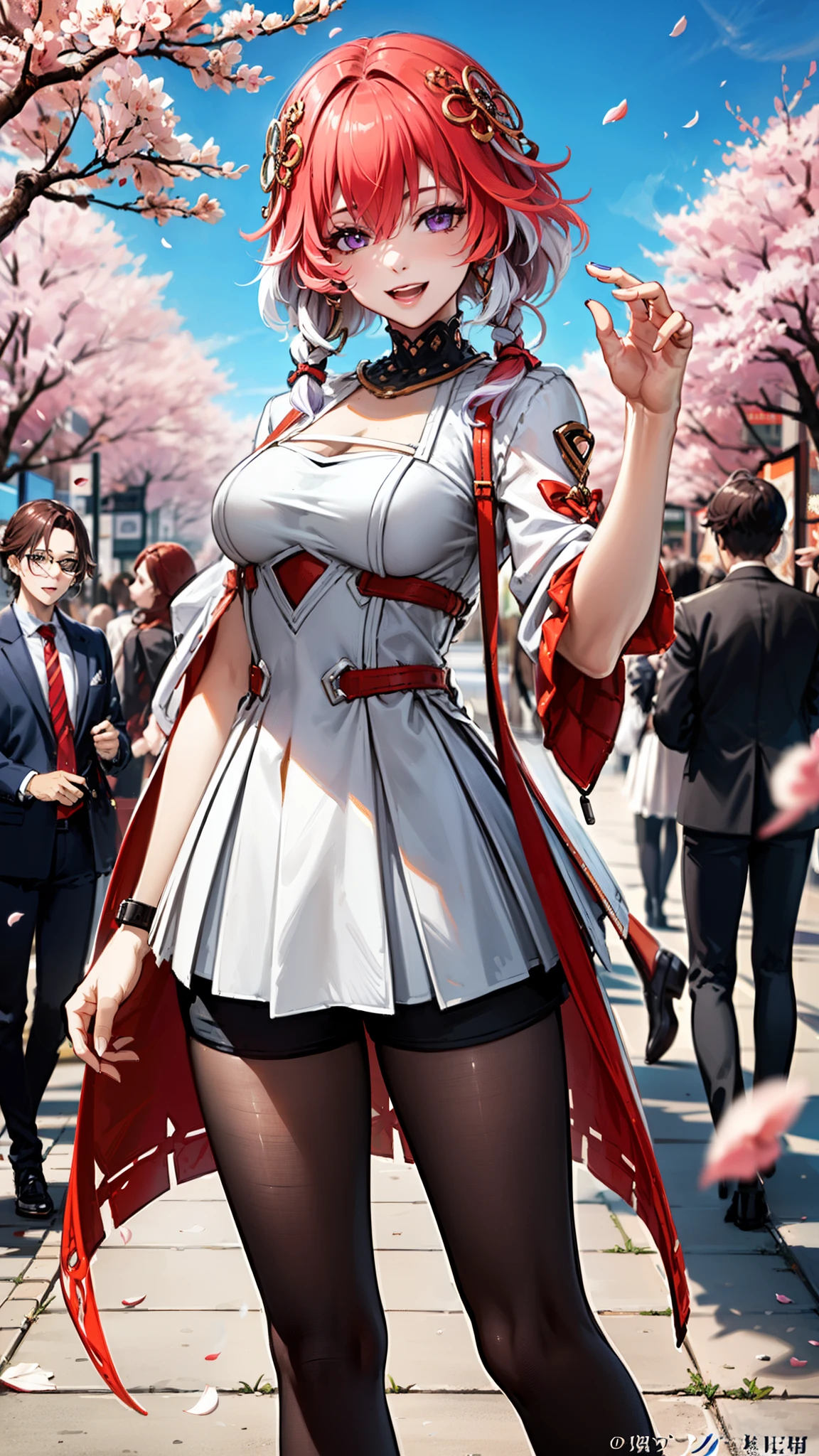 (masterpiece, One quality , Best Quality , Official Art , beautiful and beautiful :1.2),(8k, Best Quality , masterpiece:1.2), (((masterpiece))),((( Best Quality ))),((( extremely detailed))),illustration,who, (masterpiece, One quality , Best Quality , Official Art , beautiful and beautiful :1.2),(8k, Best Quality , masterpiece:1.2), 1girl, one, girl, Collapse: Star Trails, Huangquan, purple hair , long hair, shorts, one eye is hidden behind the hair, Monocular Mask , purple eyes, white shirt , sweater, Pleated Skirt, pantyhose, light Smile, Double V, looking at the audience , Smile, open mouth, outdoor, street, Cherry blossoms, petal, Depth of Field