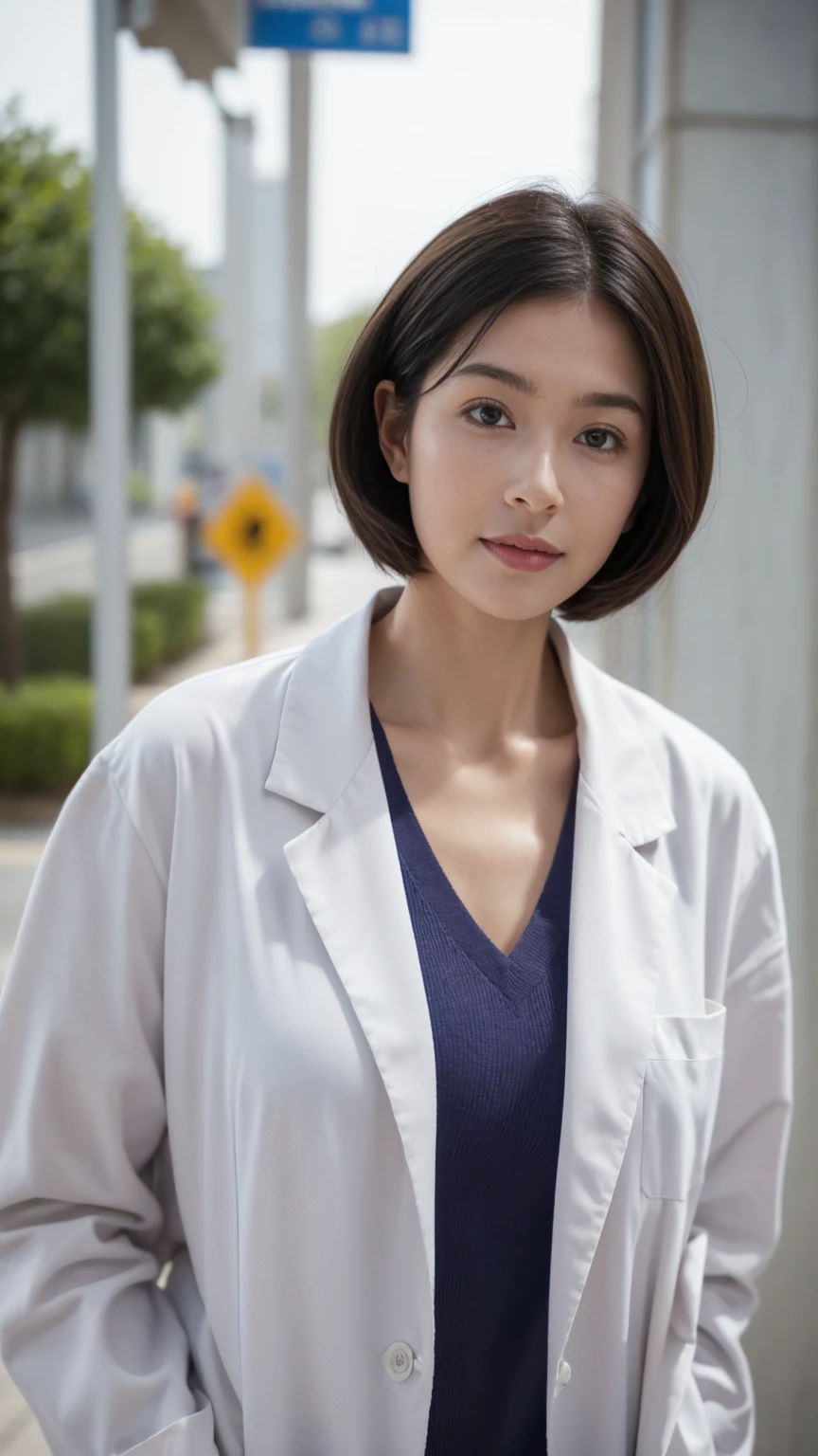 Alone,  high res , masterpiece,   anatomically correct,  top quality ,  Multiple Award-Winning Works  ,  Ultra-fine,   textured skin , woman、(([doctor's lab coat)),  background is university hospital entrance 、40 years old、doctor、 Very Shorthair split at the center、Big Breasts、(( face close-up )), (( looking at camera)),