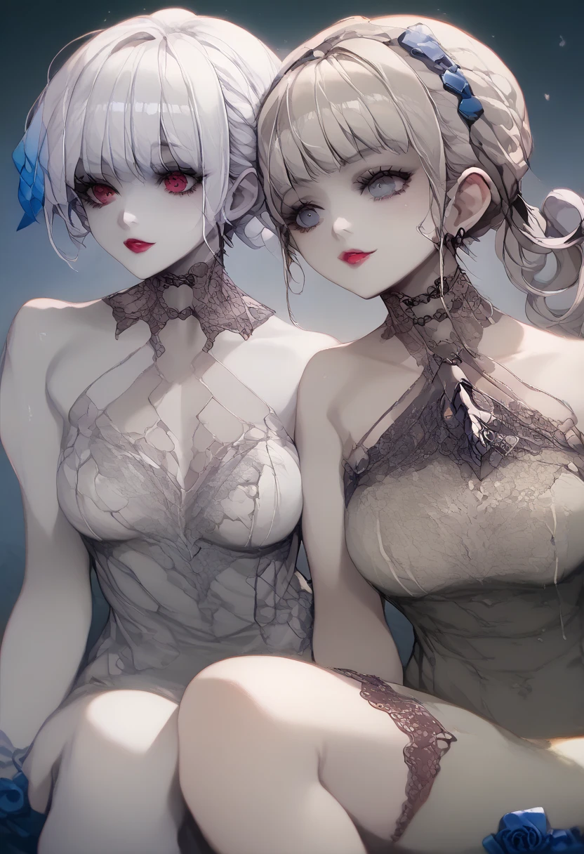 ((high quality)),Tabletop,(Detailed depiction of the local area:1.2),Two Girls,Ample breasts,Enchanted Valley,Mouth closed,eyelash,nipple bigboobs,Portraiture,Gray Hair,Black Theme,short hair,yorha no. 2 Type B,(((Gray Hair and black hair)))、((lily)) Full body image、(((Sixty-nine)))((Woman in white underwear、Woman in black underwear))((Two smiling people))((白い肌とDark Skin))(((Black Hair、Dark Skin、Woman in a black dress)))((White Thong))((Black Thong))(((Two people intertwined)))((kissをする2人))(() ((kiss)) (())