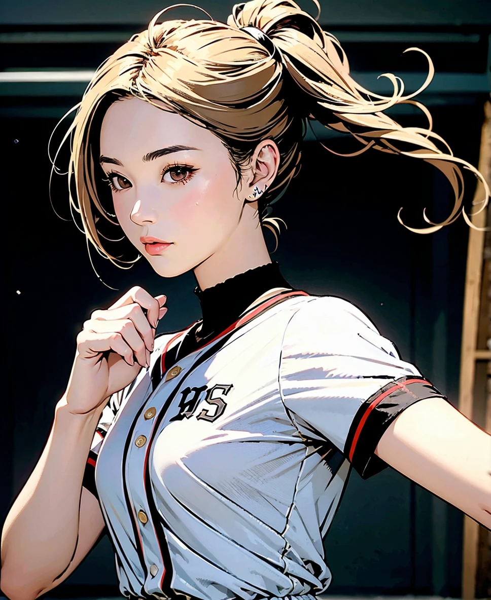 (1 girl) 、Create an "baseball" scene where a beautiful dark gray-eyed Japanese young highschool girl .gold color highlight hair,ash gold color hair,straight  hairstyle、 Flat Color
BRAKE
、 1 girl, Alone, (())),(dynamic angle:0.9) 、1woman 、 (dutch angle dynamic pose:1.3) 
break  
、beautiful absurdres 、highres extremely detailed 、high quality 、detailed background 、4k 、8k 、wallpaper 、
break 
、  , (( below )),cute face, ( Twin Tails ), top quality，​masterpiece，
