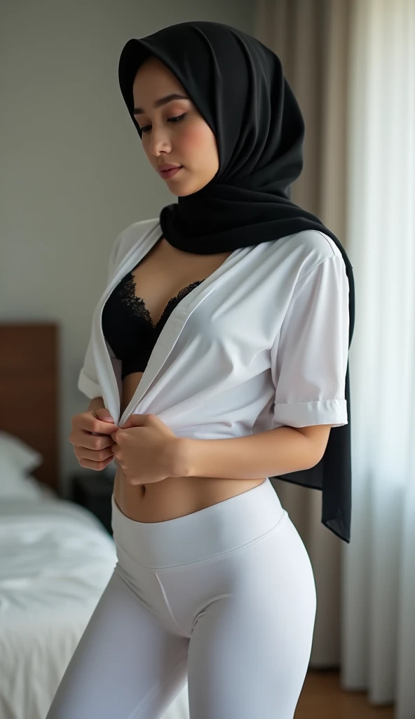 (best quality,ultra-detailed,realistic:1.37), beauty Malay woman with hijab , white hijab, 17 years old, gadis sma indonesia,  high school costume, small breast, nude breast, expose breast, cleavage, chubby,  intricate jewelry, opened white shirt, stand on Class room, front view, expose upper Body.
