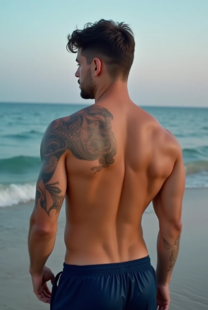 Night beach, outdoor, maldivas, gogoboy model, tattoo hot men sexy model with professional, magazine cover, magazine style, hot men, tattooed, big natural bra. Realistic photo, professional commercial photo 8k quality, lighting, full nude, real nude. Stunning beautiful man, hot, naked, attractive perfect smile. Big foreskin Hard cock beautiful penis with high details skin