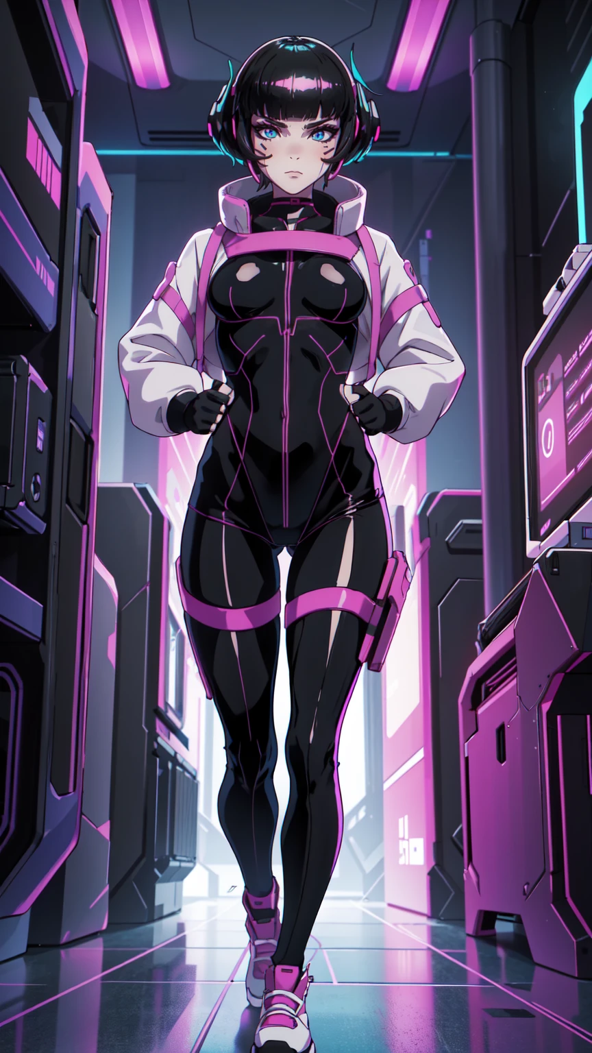 Create an illustration of Sasha from Cyberpunk: Edgerunners. She is a young netrunner with a slender and agile physique, reflecting her hacker lifestyle. Her hair is short, (black hair), messy, and brightly colored, often with neon highlights like electric blue or vibrant pink. Her (blue eyes) have a sharp, tech-enhanced glow, hinting at cybernetic implants. Sasha wears a sleek, tactical bodysuit designed for mobility and stealth, primarily in shades of black and dark gray, accented with neon lines that pulse softly with her netrunning activity. She also sports a high-tech visor or goggles over her eyes, loaded with digital HUD displays. Her gloves are fingerless, exposing cybernetic fingertips perfect for interfacing with technology. Completing her look are combat boots and a utility belt filled with small hacking tools and gadgets. The overall vibe is a mix of futuristic hacker aesthetic and street-smart edge, blending style and functionality. walking on the floor, with pink shoes, dinamic poses