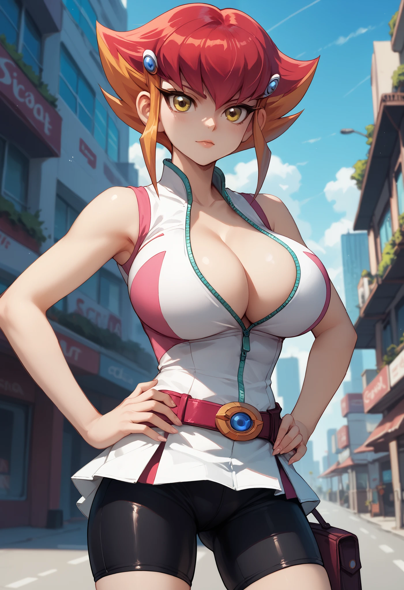 anna(yugioh),shorts,sleeveless,belt,black shorts,bike shorts,zipper,white skirt, huge breasts, yellow eyes, multicolored hair, cowboy shot, outdoors, futuristic city, standing, hands on hip, cleavage, zipped down, bursting breasts, tight top