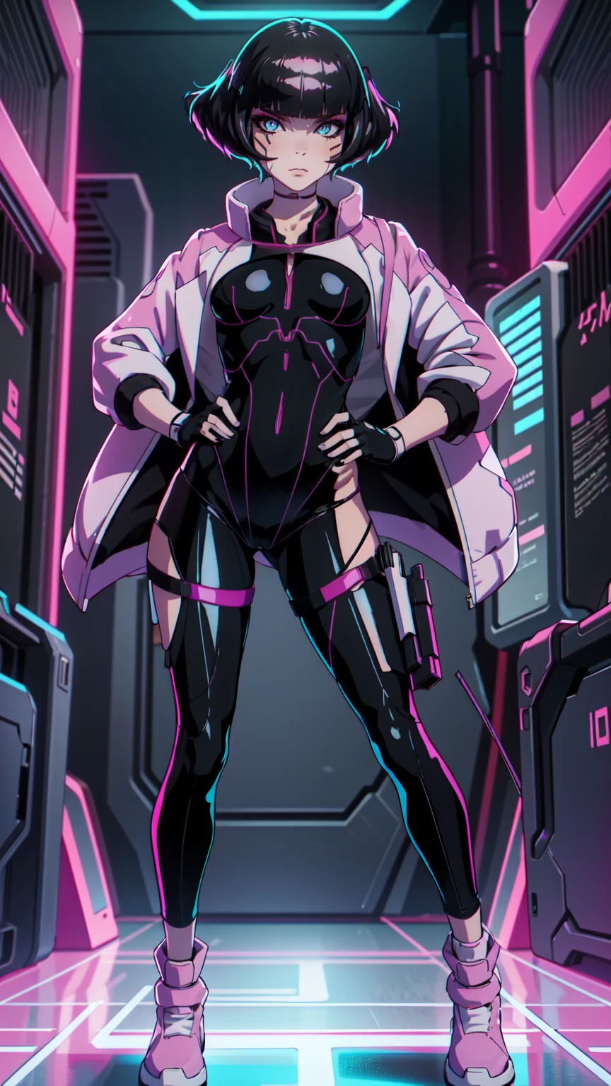 Create an illustration of Sasha from Cyberpunk: Edgerunners. She is a young netrunner with a slender and agile physique, reflecting her hacker lifestyle. Her hair is short, (black hair), messy, and brightly colored, often with neon highlights like electric blue or vibrant pink. Her (blue eyes) have a sharp, tech-enhanced glow, hinting at cybernetic implants. Sasha wears a sleek, tactical bodysuit designed for mobility and stealth, primarily in shades of black and dark gray, accented with neon lines that pulse softly with her netrunning activity. She also sports a high-tech visor or goggles over her eyes, loaded with digital HUD displays. Her gloves are fingerless, exposing cybernetic fingertips perfect for interfacing with technology. Completing her look are combat boots and a utility belt filled with small hacking tools and gadgets. The overall vibe is a mix of futuristic hacker aesthetic and street-smart edge, blending style and functionality. walking on the floor, with pink shoes, dinamic poses