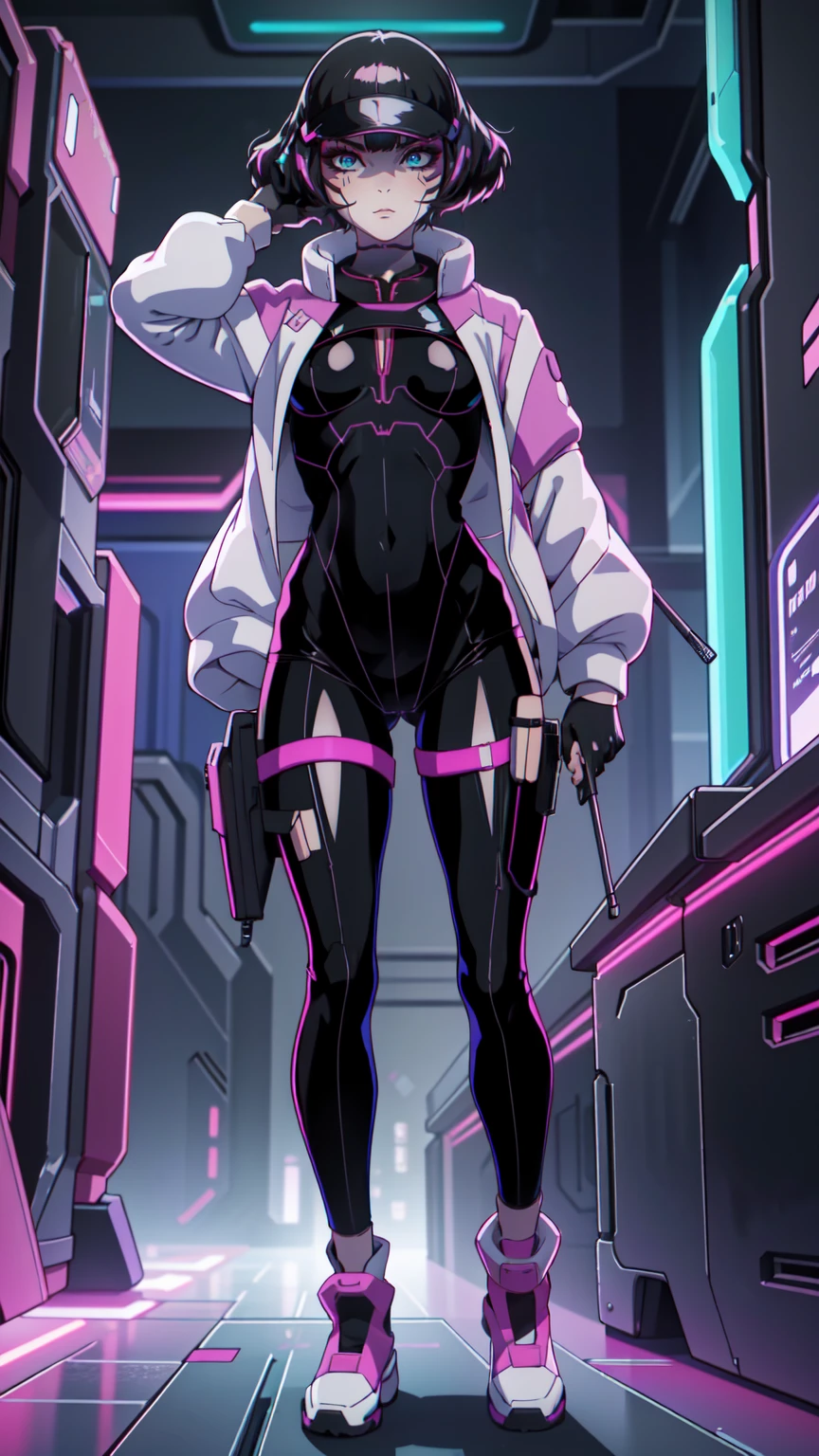 Create an illustration of Sasha from Cyberpunk: Edgerunners. She is a young netrunner with a slender and agile physique, reflecting her hacker lifestyle. Her hair is short, (black hair), messy, and brightly colored, often with neon highlights like electric blue or vibrant pink. Her (blue eyes) have a sharp, tech-enhanced glow, hinting at cybernetic implants. Sasha wears a sleek, tactical bodysuit designed for mobility and stealth, primarily in shades of black and dark gray, accented with neon lines that pulse softly with her netrunning activity. She also sports a high-tech visor or goggles over her eyes, loaded with digital HUD displays. Her gloves are fingerless, exposing cybernetic fingertips perfect for interfacing with technology. Completing her look are combat boots and a utility belt filled with small hacking tools and gadgets. The overall vibe is a mix of futuristic hacker aesthetic and street-smart edge, blending style and functionality. walking on the floor, with pink shoes, dinamic poses